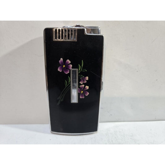 Vintage Working Ronson Pal Cigarette Case LIGHTER Black Violet Flower 7651/14
