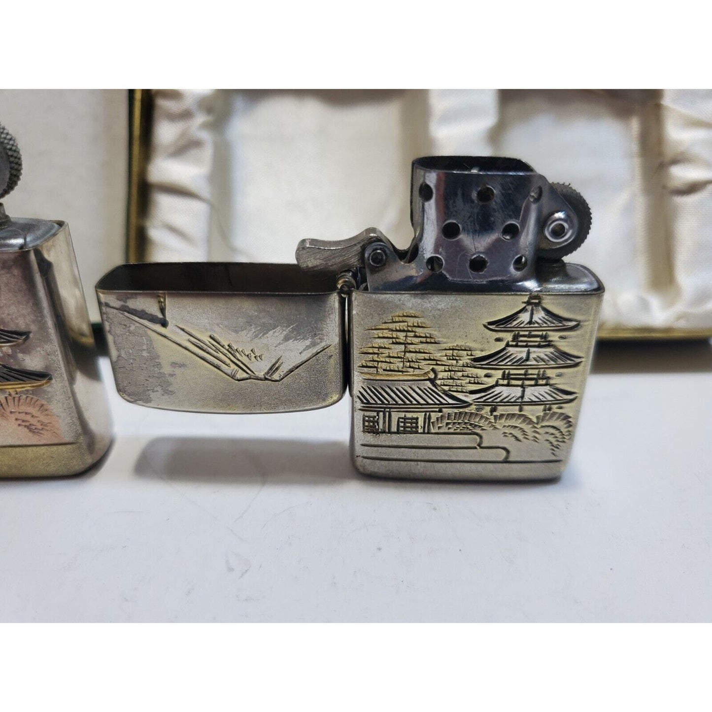 Set of 2 Working Vintage Japanese Damascene Mt Fuji Lighters Original Gift Case