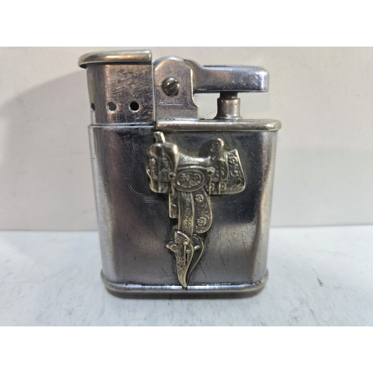 Vintage Working RONSON WHIRLWIND Silver Horse Saddle 3D Logo LIGHTER 7513/26