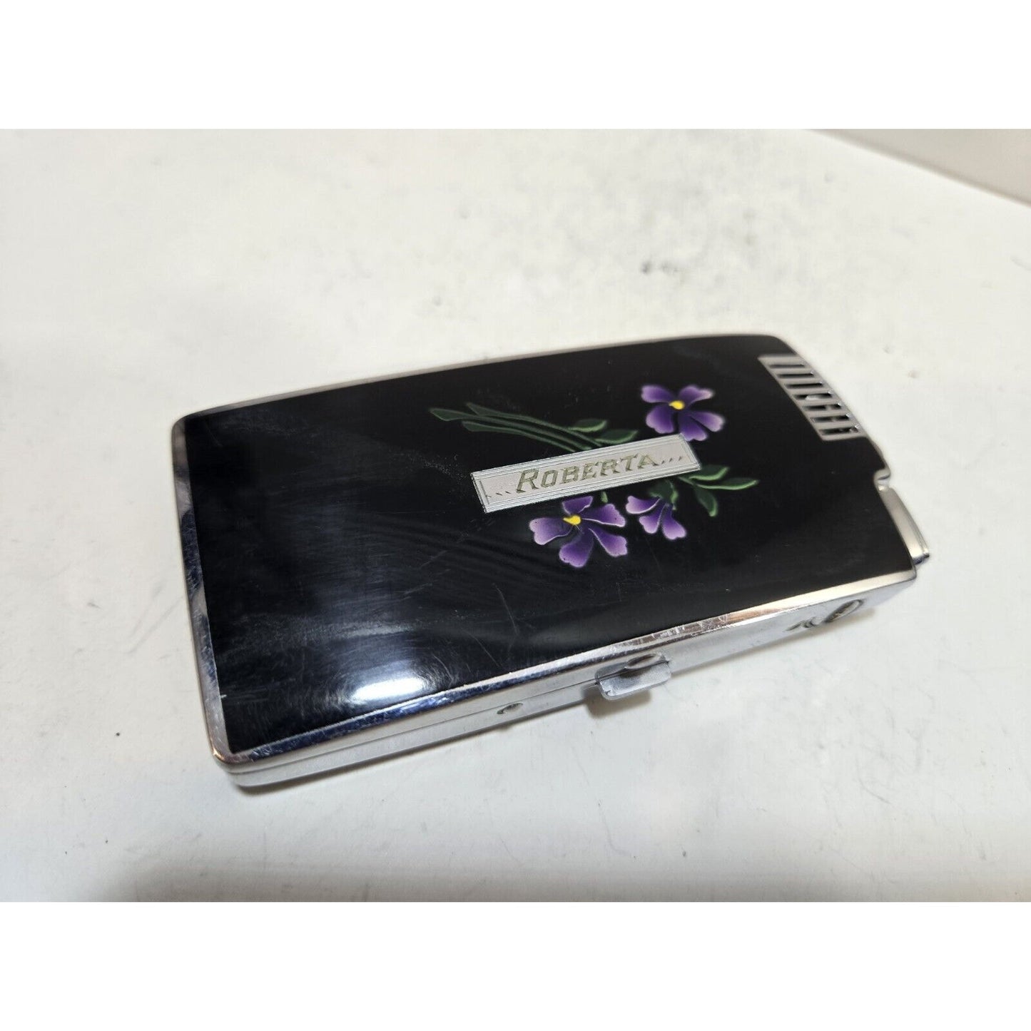 Vintage Working Ronson Pal Cigarette Case LIGHTER Black Violet Flower 7404/14