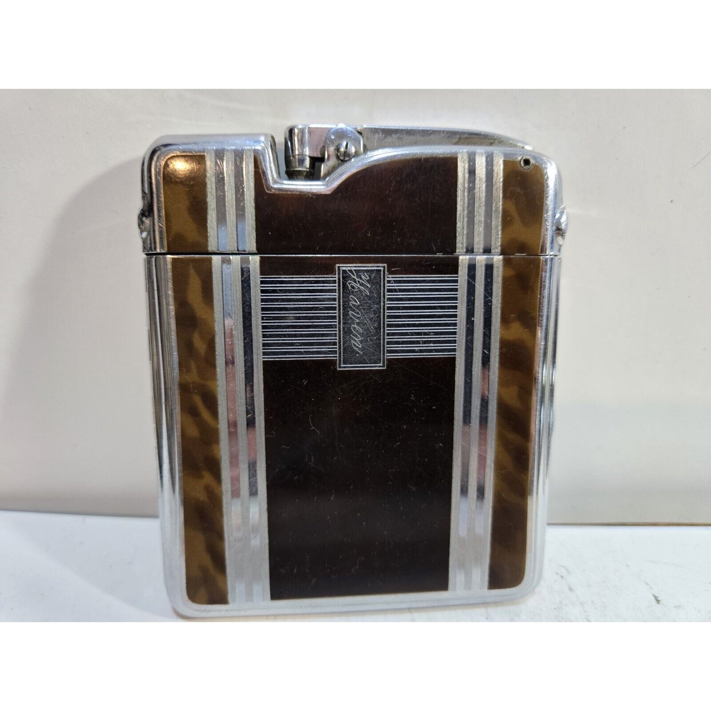 Working Ronson Art Deco Ten A Case Enamel Siler Tone Cigarette Case Lighter 7266