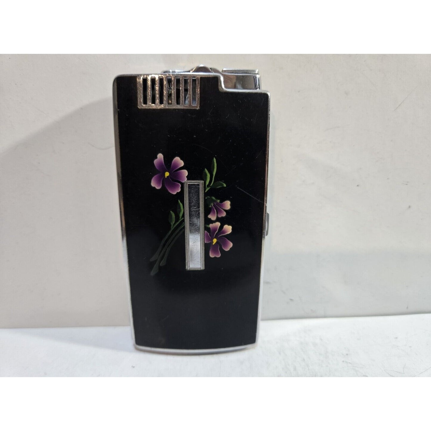 Vintage Working Ronson Pal Cigarette Case LIGHTER Black Violet Flower 7651/14