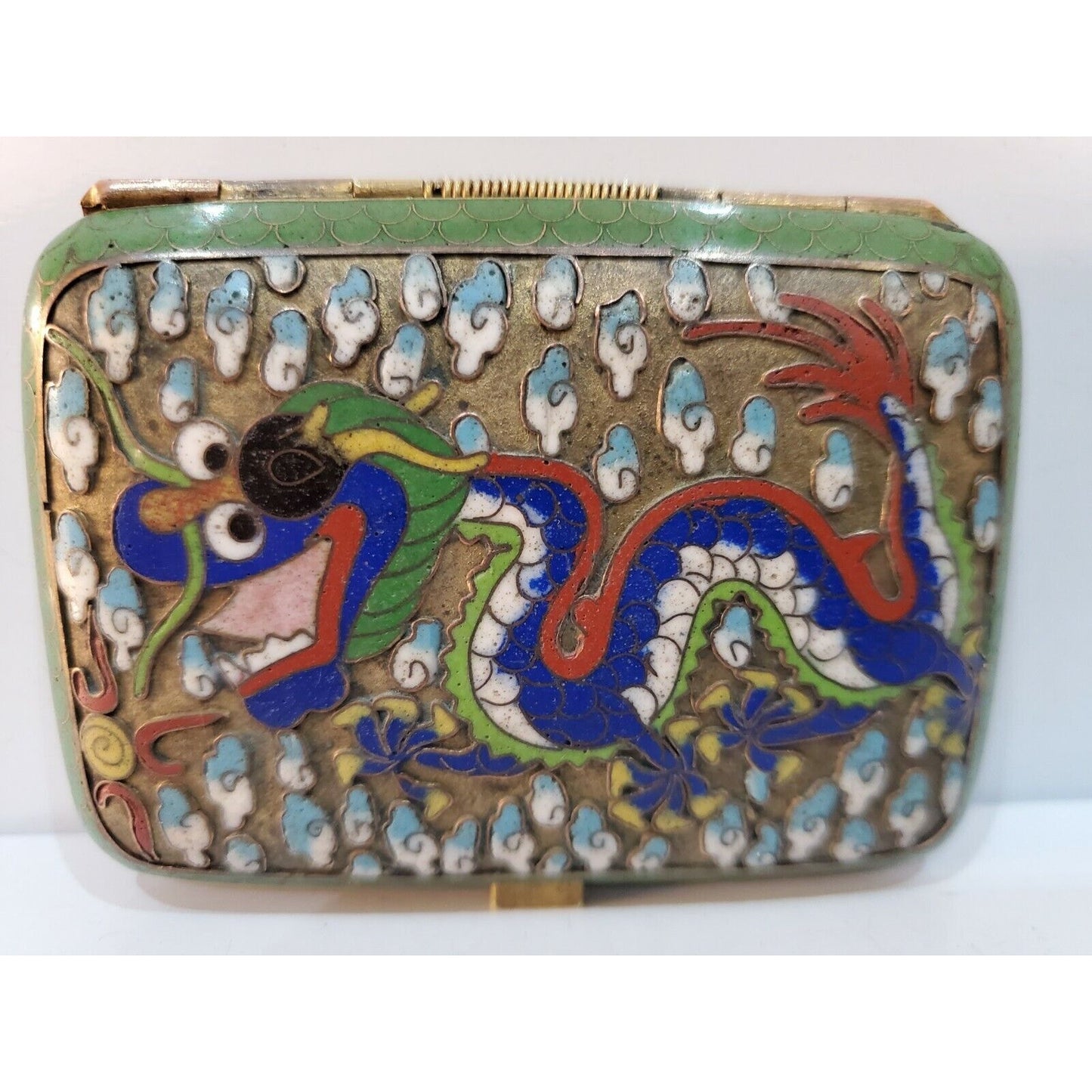 Antique ORIENTAL CLOISONNE ENAMEL Dragon Cigarette Case 3 x 2"