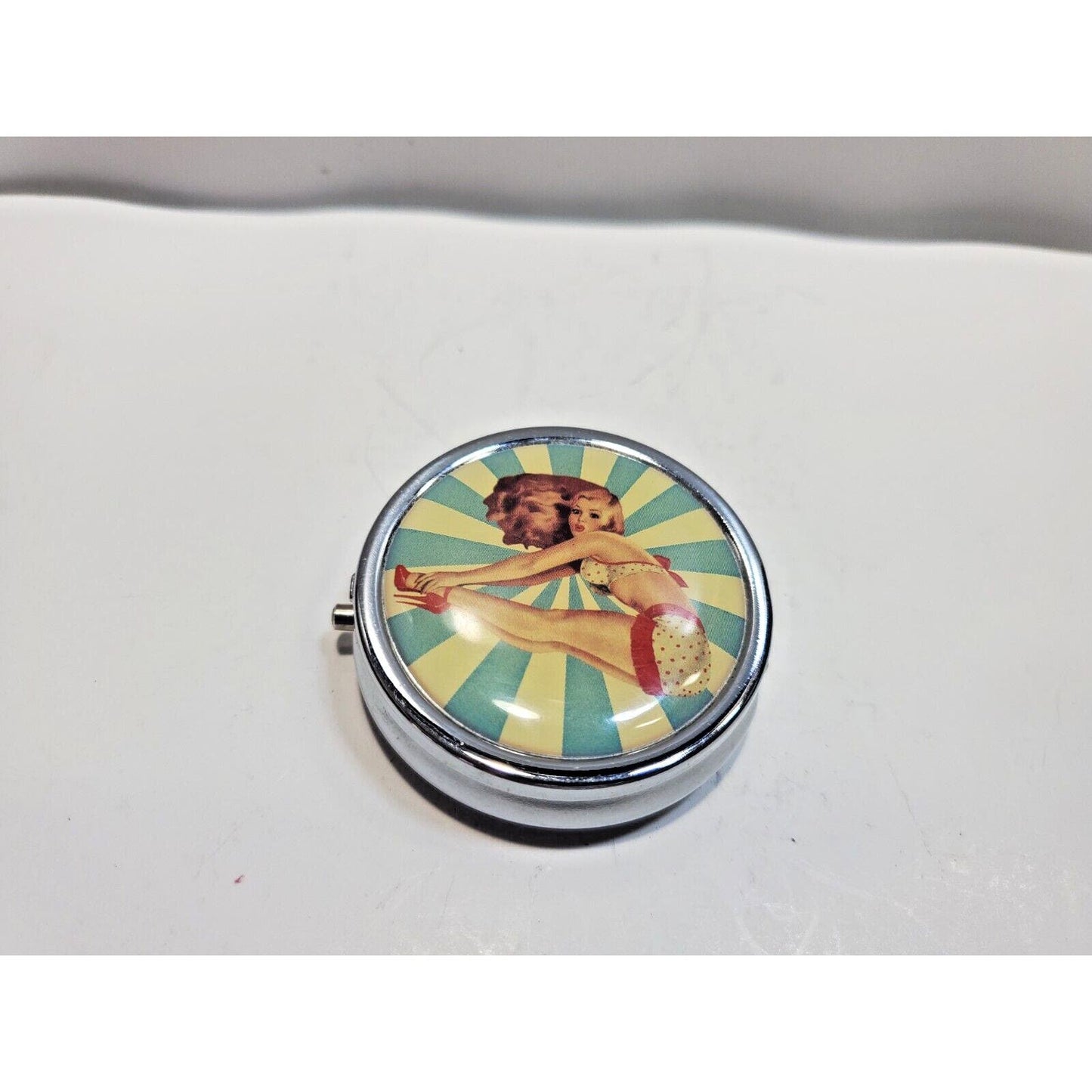 Vintage Pinup Girl Pill Mirror Case Risque 1 3/4" 6551/3