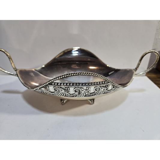 Unique Vintage Fruit Bowl Candy Silver Plated 10" Engraved Two Handle Gondola