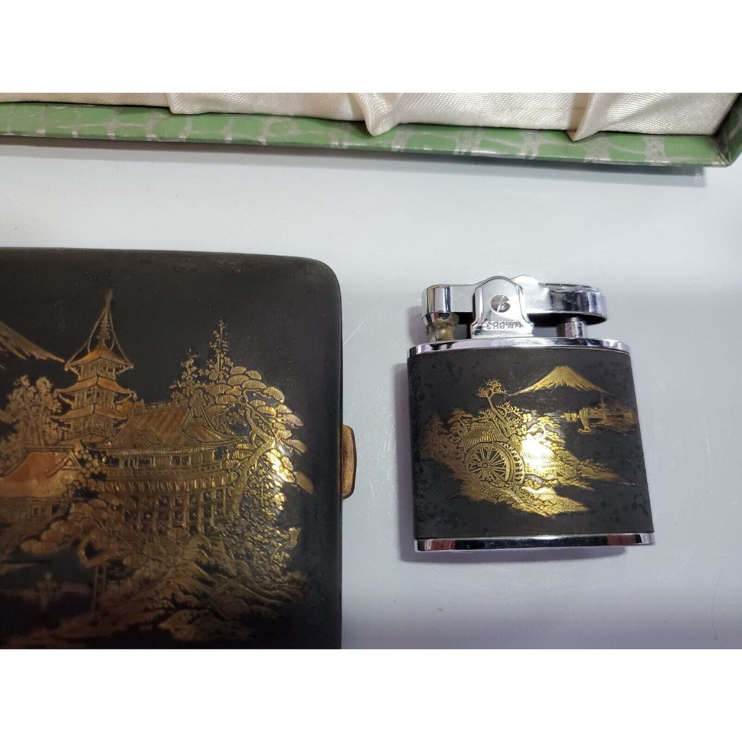 NOS Japanese Damascene K24 GOLD, SILVER Cigarette Case & LIGHTER SET 55/2