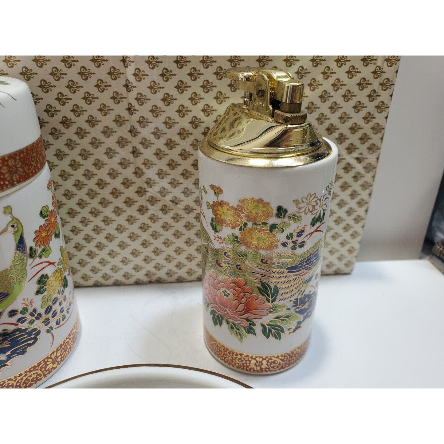 FINE CHINA SMOKING SET ASHTRAY, Cigarette CASE, Working LIGHTER Orig Box 6566/48