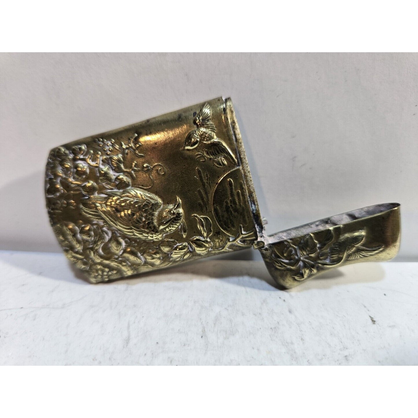 Japanese Antique Brass Match Case Safe Holder Striker, Bird & Flowers 7293/31