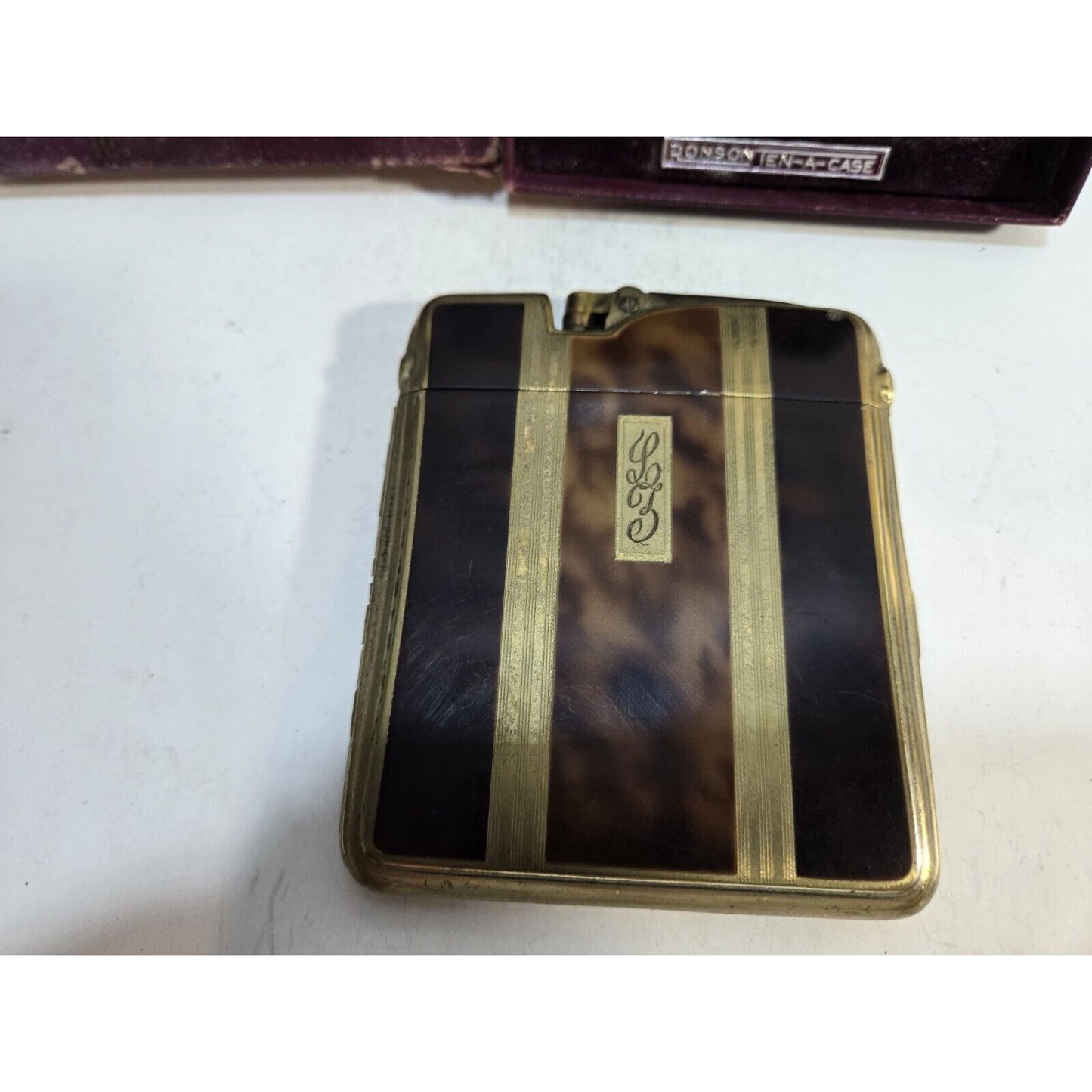 Working Ronson Art Deco Ten A Case Enamel Gold Tone Cigarette Case Lighter 7354/