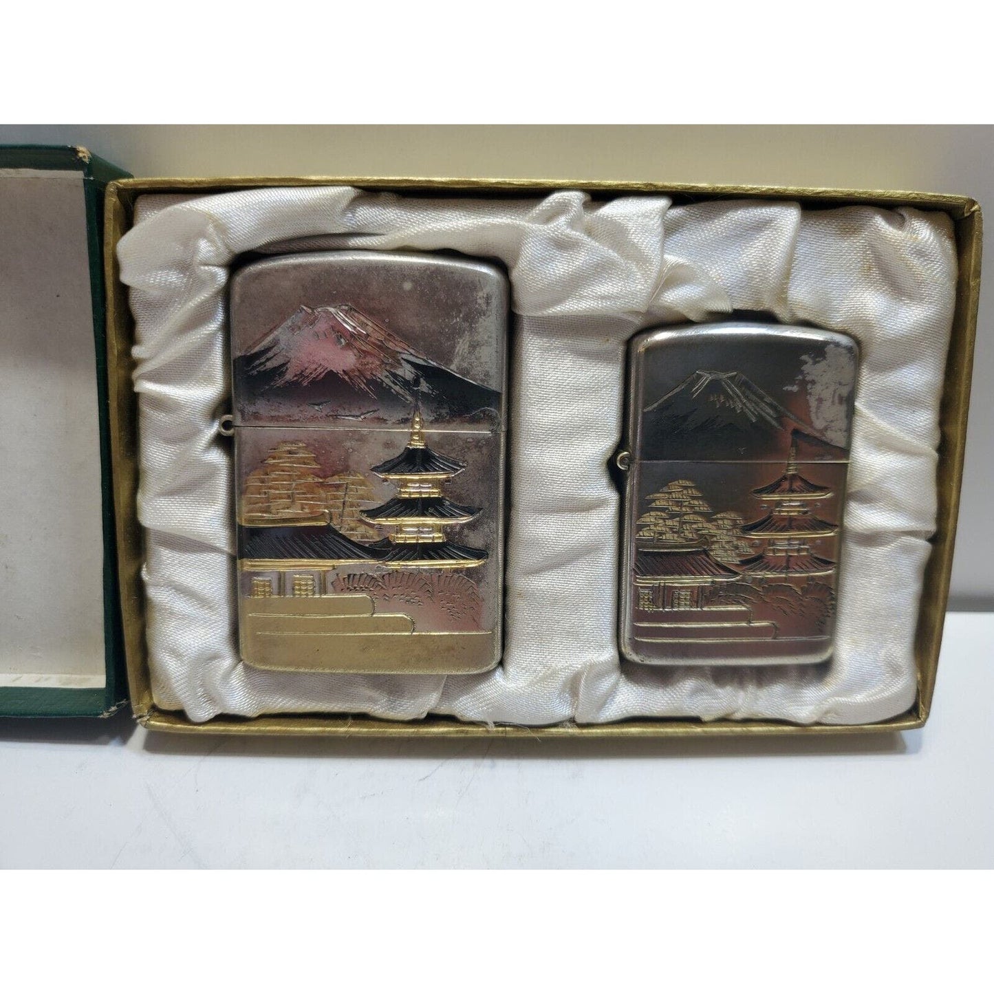 Set of 2 Working Vintage Japanese Damascene Mt Fuji Lighters Original Gift Case