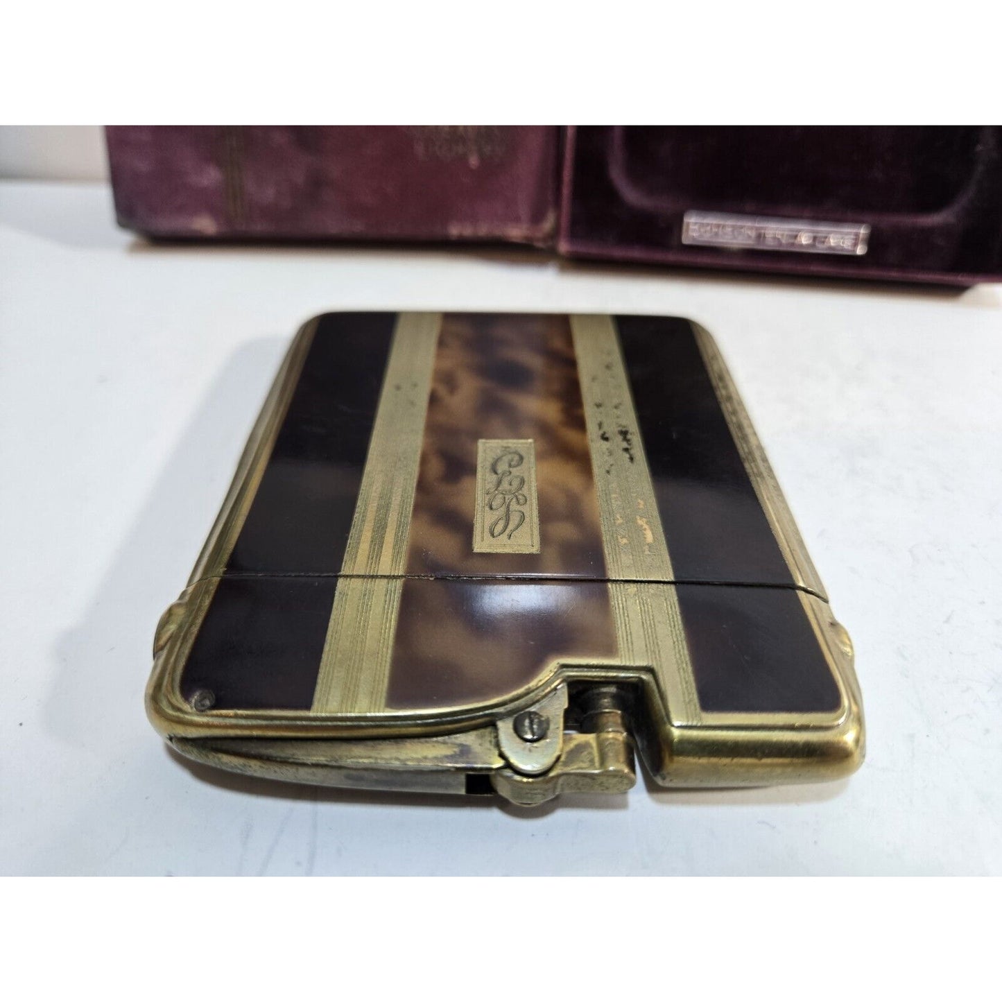 Working Ronson Art Deco Ten A Case Enamel Gold Tone Cigarette Case Lighter 7354/