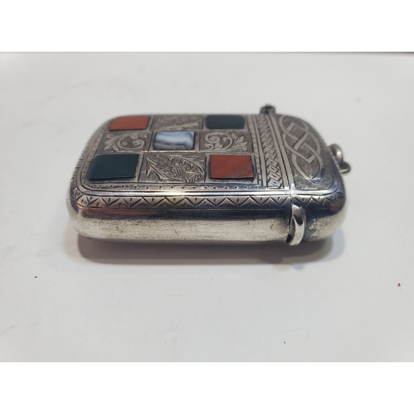 Antique Scottish Hallmarked Silver Carnelian Agate Inlay Vesta Match Safe Case