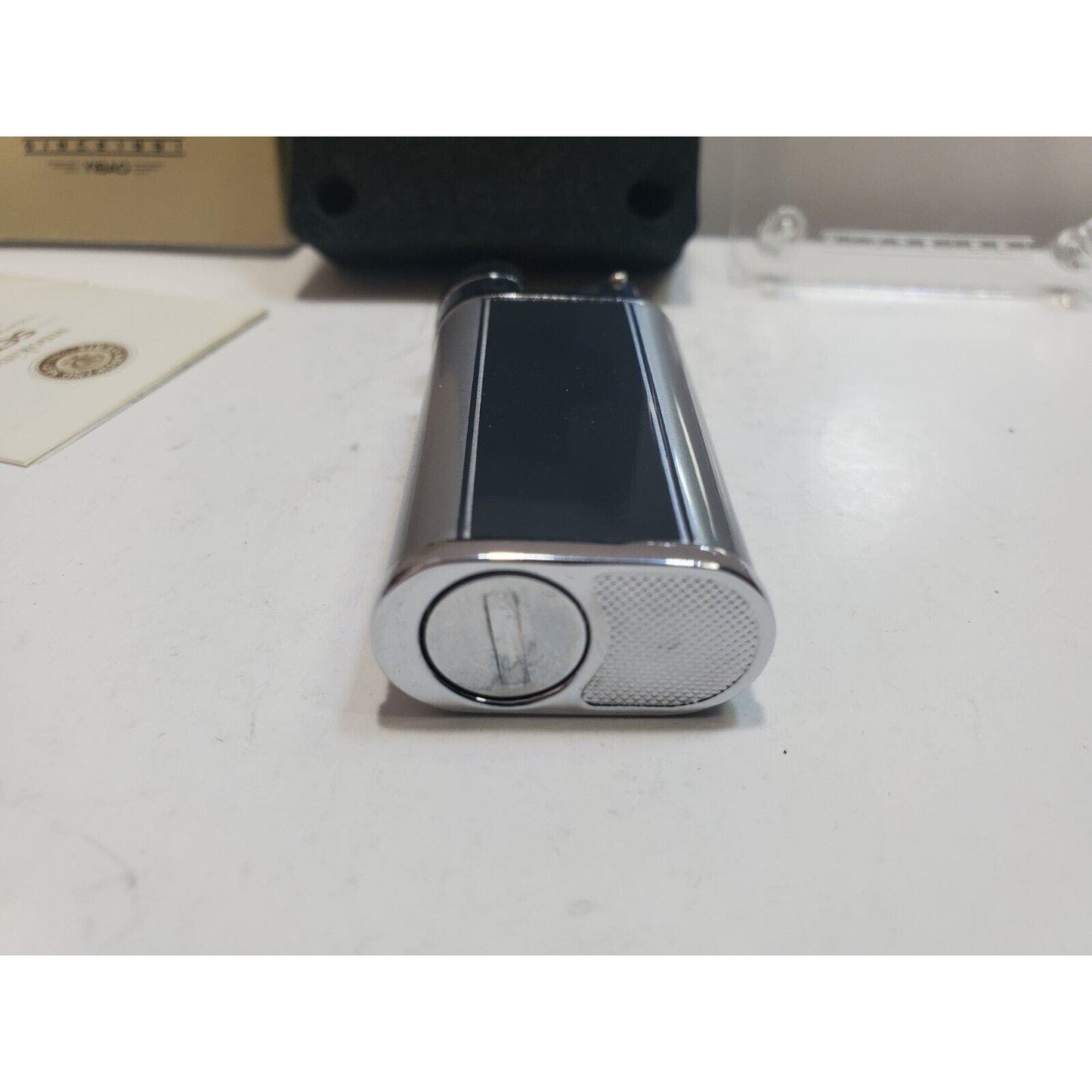 NOS WORKING Yibao Liftarm Enamel Silver Tone Lighter, ORIGINAL BOX 6775/24