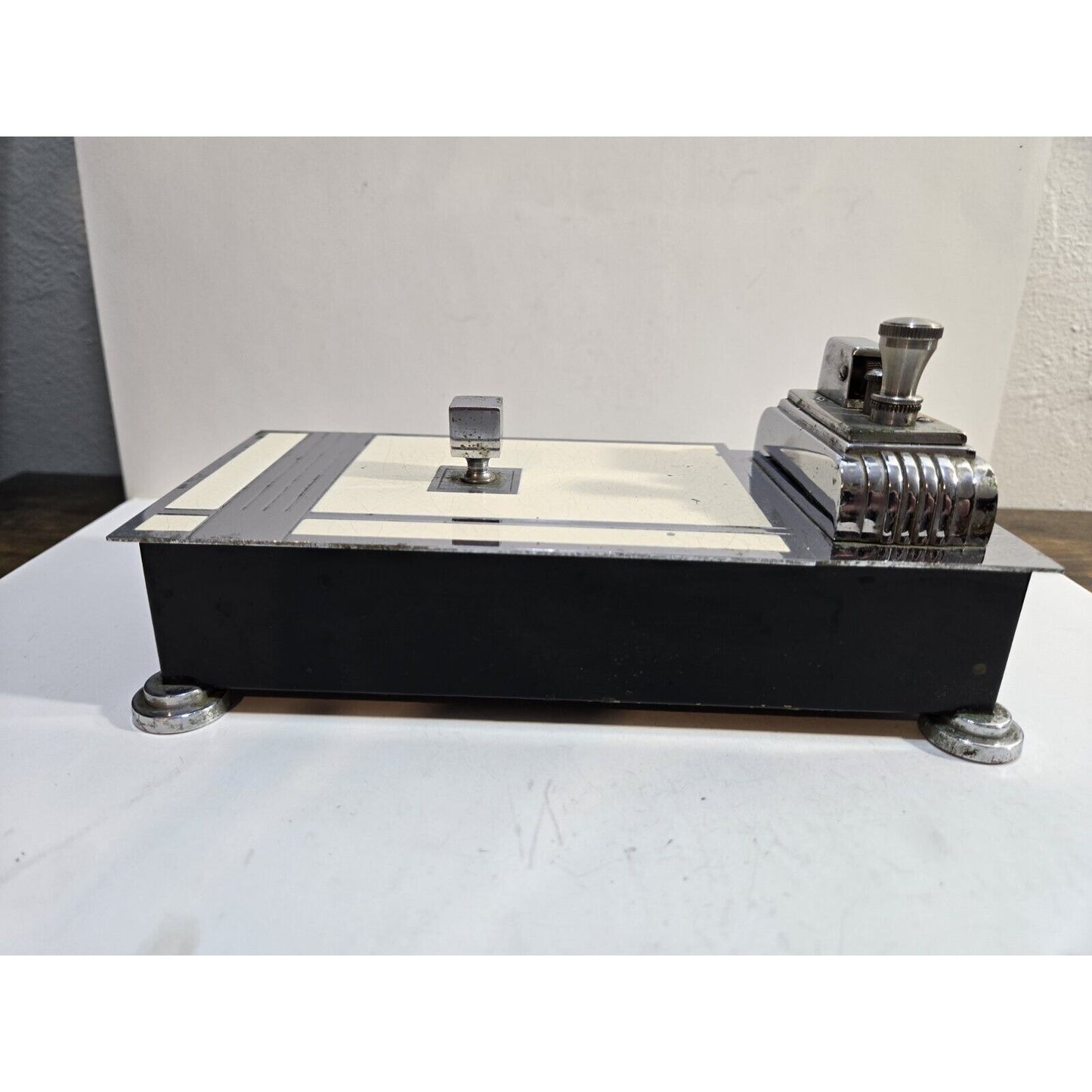 Vintage Working Ronson Chrome Black Enamel Touch Tip Lighter & Cigarette Box