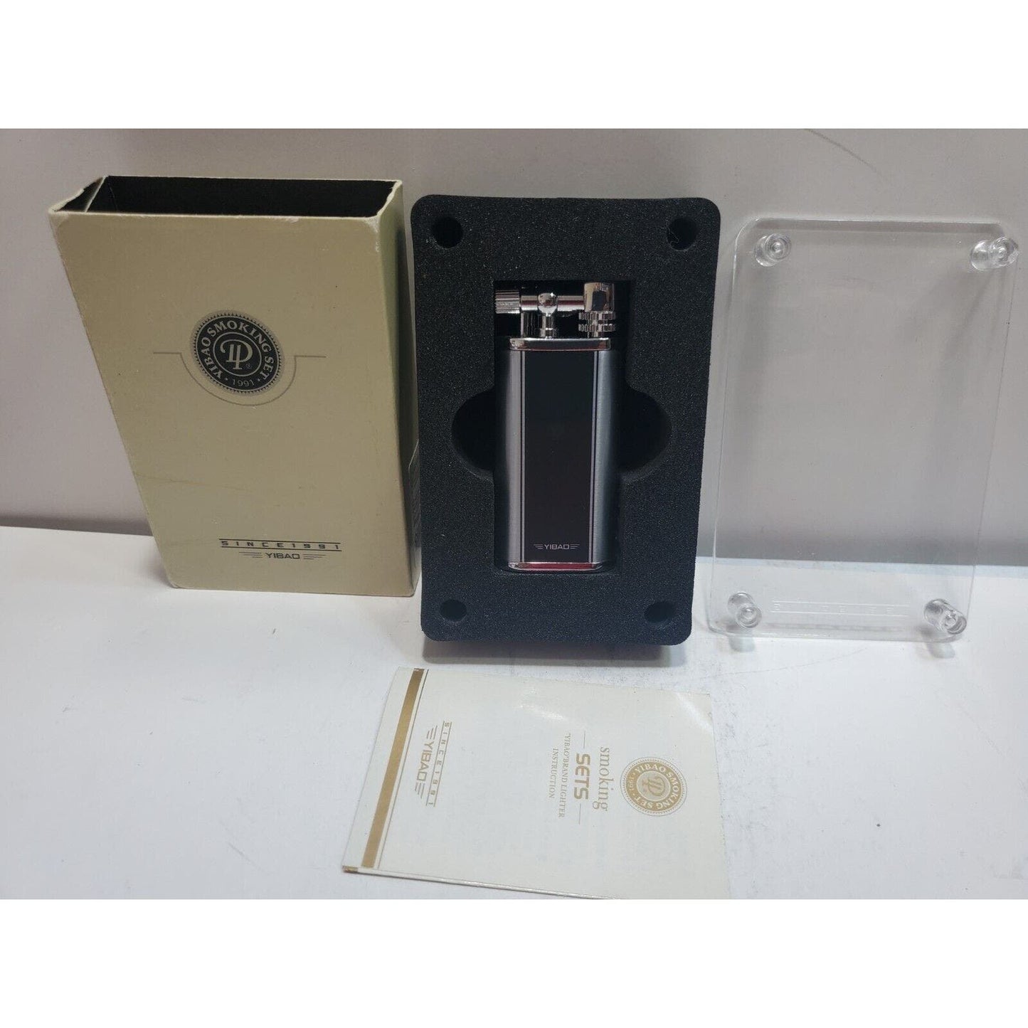 NOS WORKING Yibao Liftarm Enamel Silver Tone Lighter, ORIGINAL BOX 6775/24