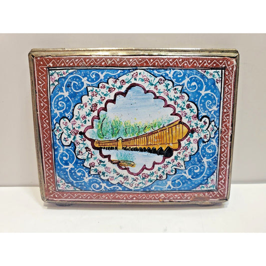 Antique Persian Enamel & Silver Tone Cigarette Case / 3 1/4 x 2 3/4" 6700/21