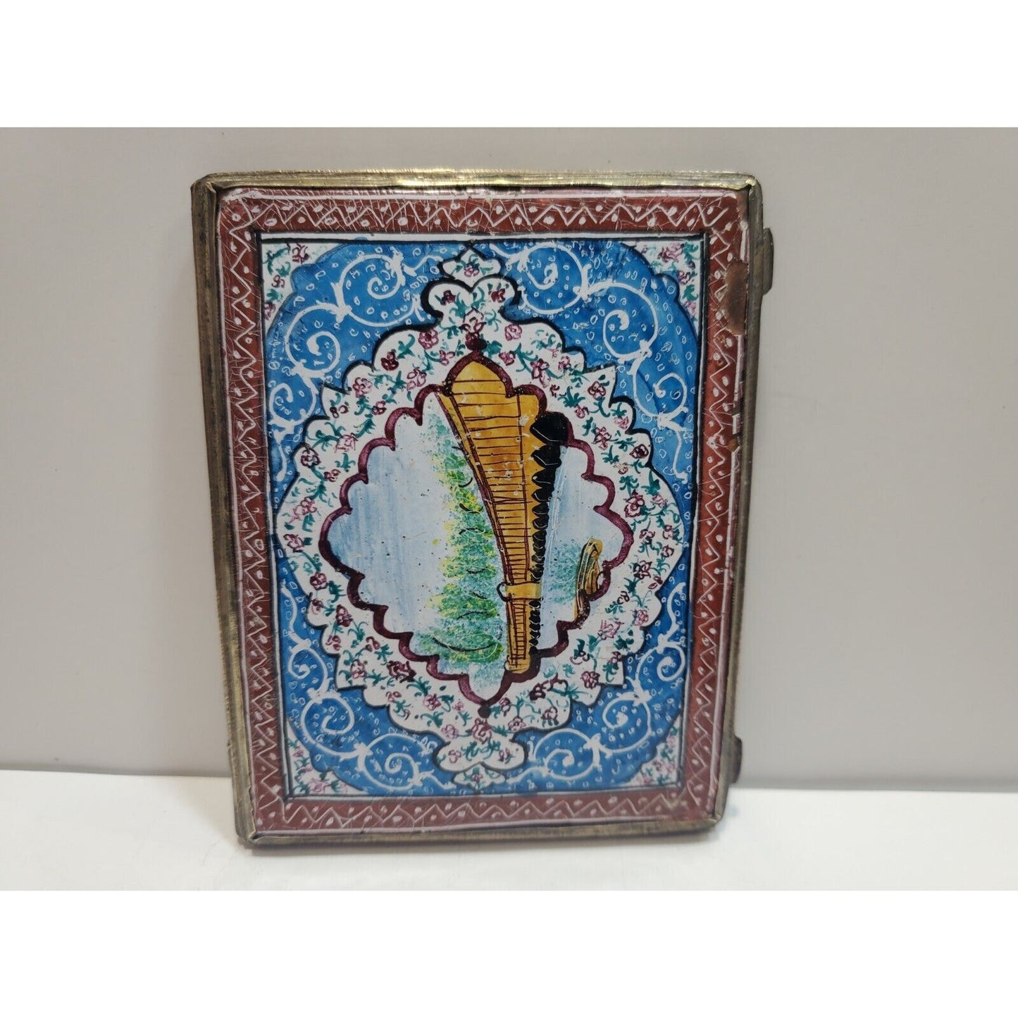 Antique Persian Enamel & Silver Tone Cigarette Case / 3 1/4 x 2 3/4" 6700/21