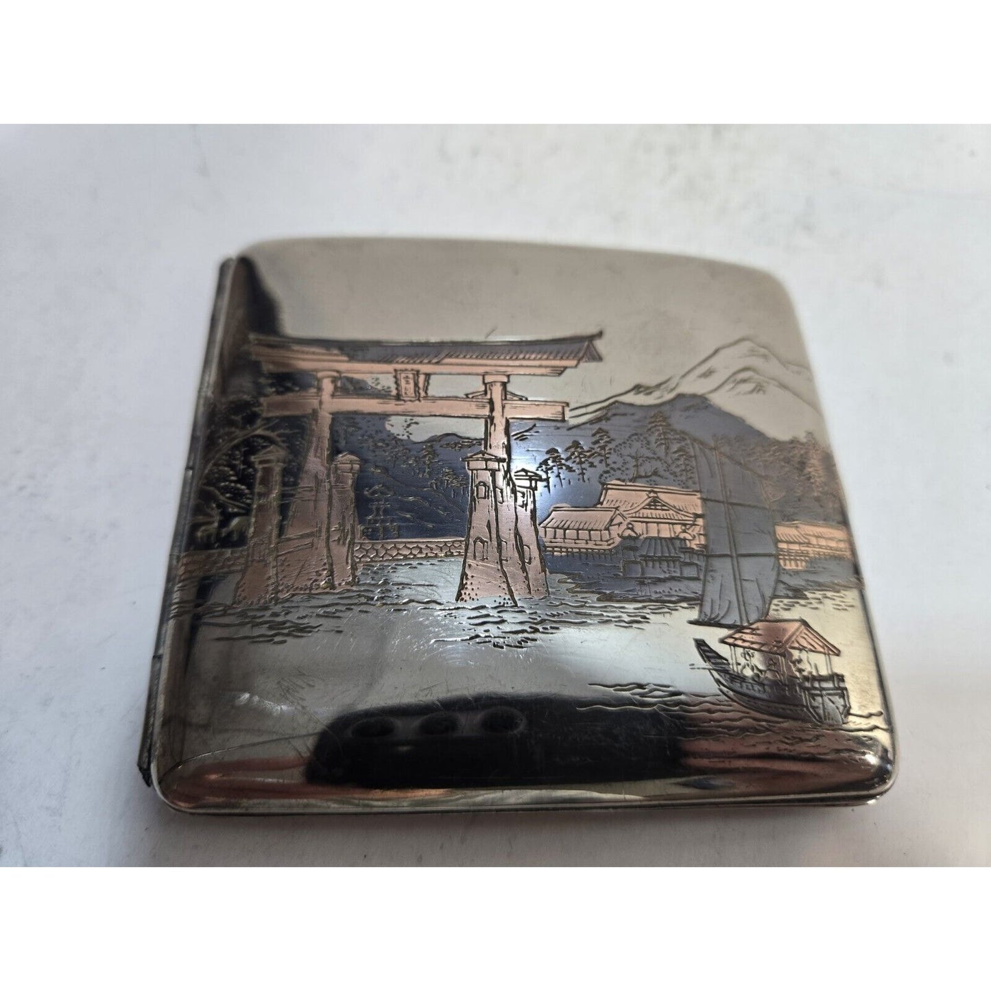 Vintage Mt Fuji Japan Etched Mountain Scene Silver Cigarette Case 7672/2