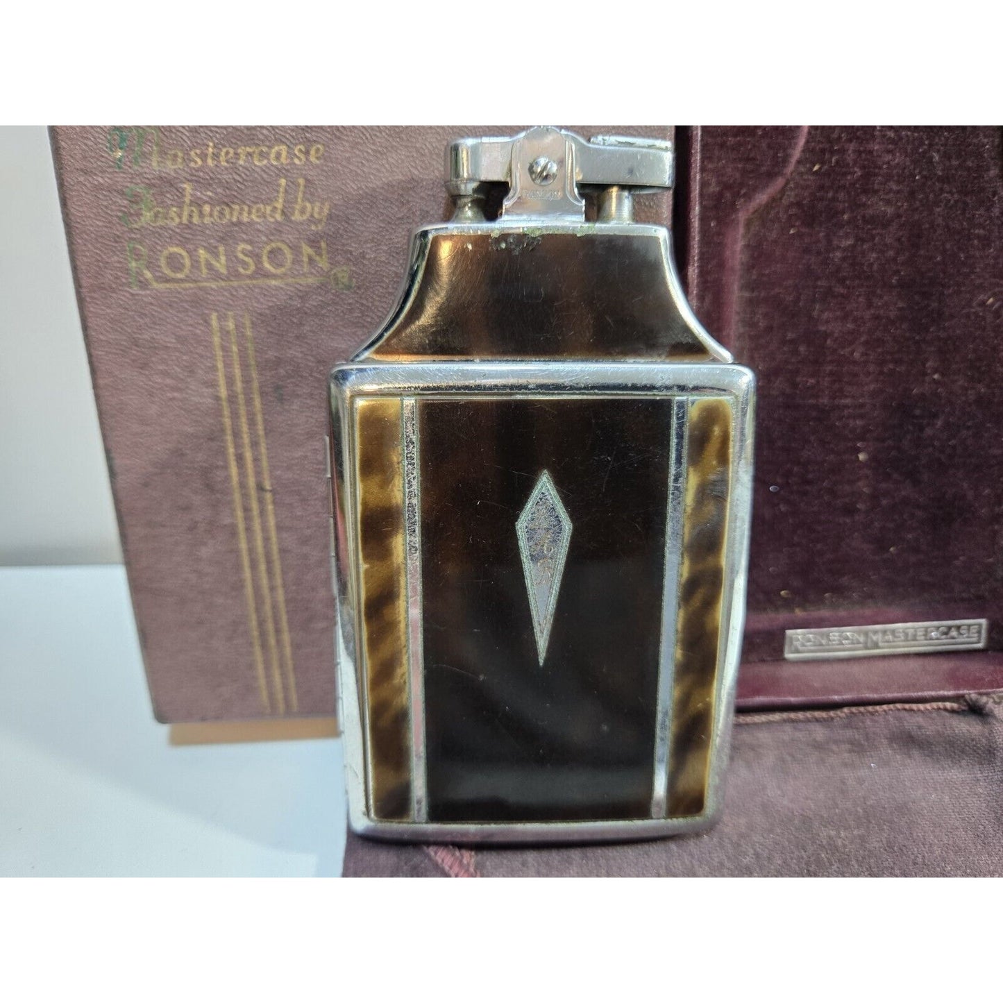 Working Ronson Mastercase Enamel, Cigarette Case Lighter, Original Box 7164/4