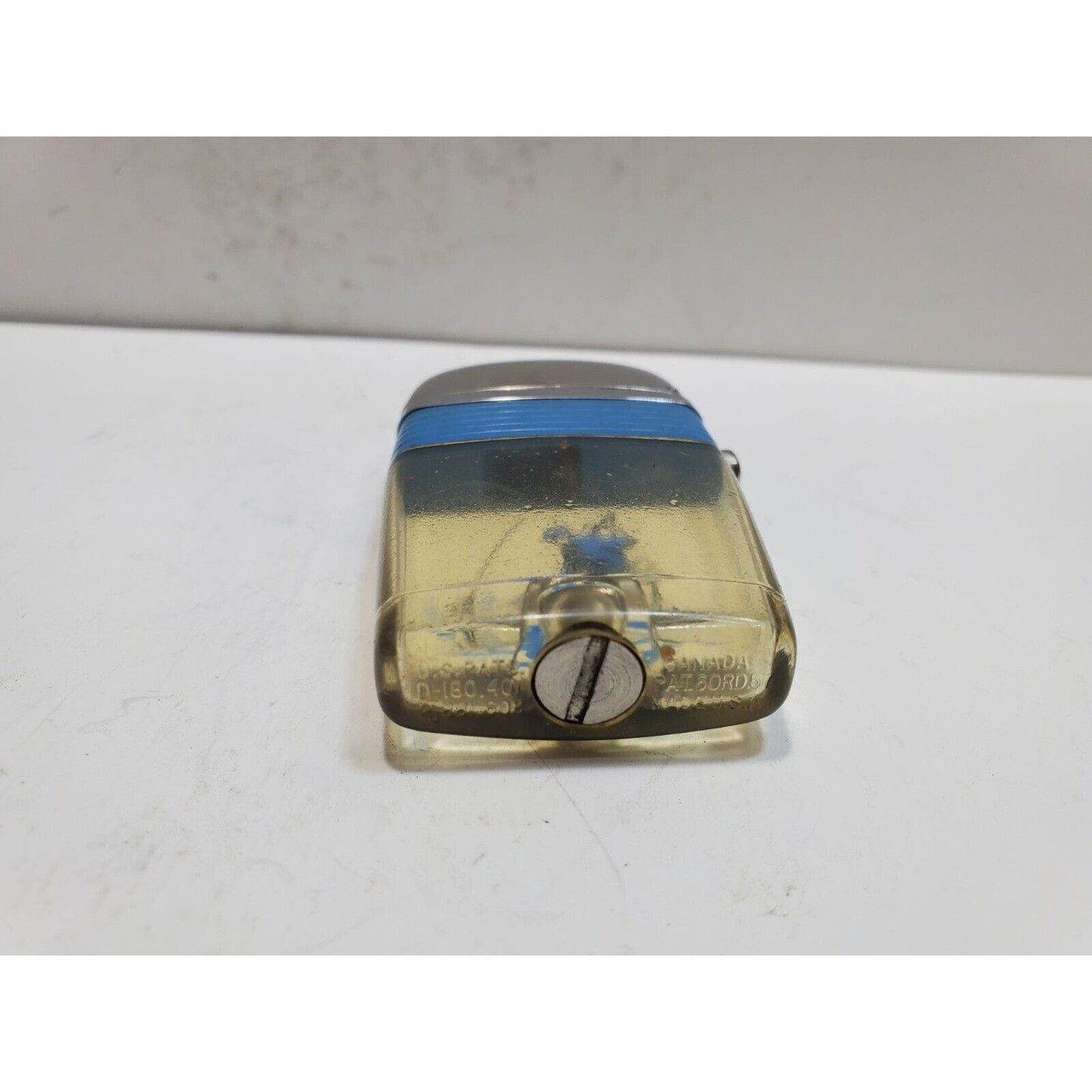 Working Vintage Scripto Fly Fisherman Catching Fish in a Stream-Vu-Lighter Blue