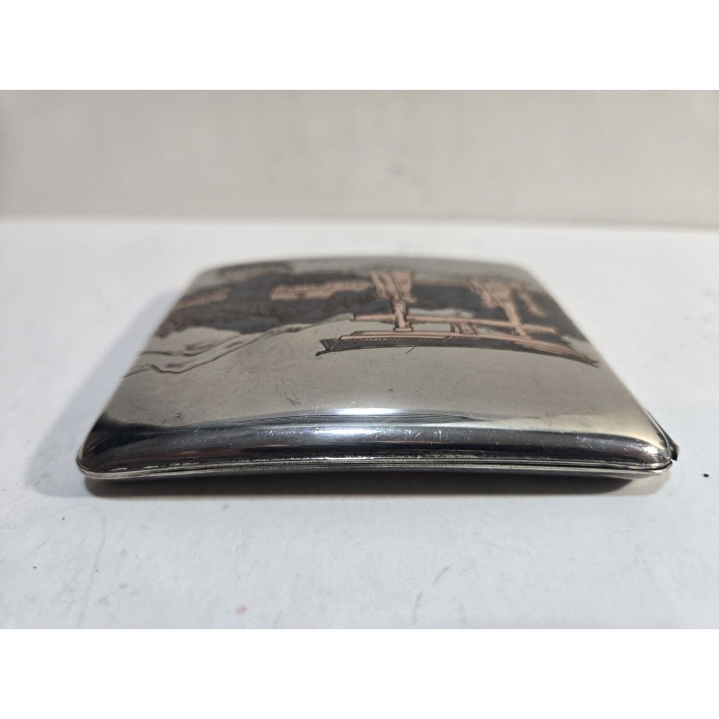 Vintage Mt Fuji Japan Etched Mountain Scene Silver Cigarette Case 7672/2