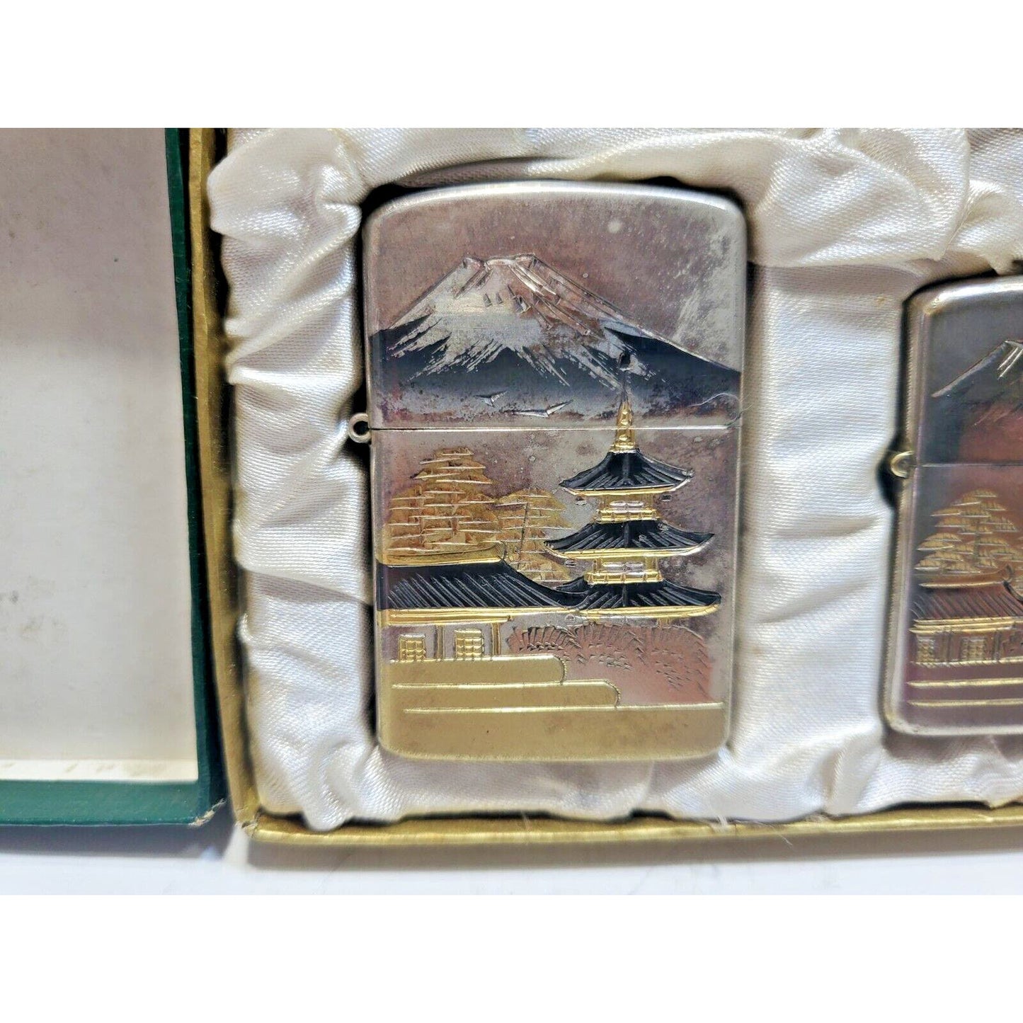Set of 2 Working Vintage Japanese Damascene Mt Fuji Lighters Original Gift Case
