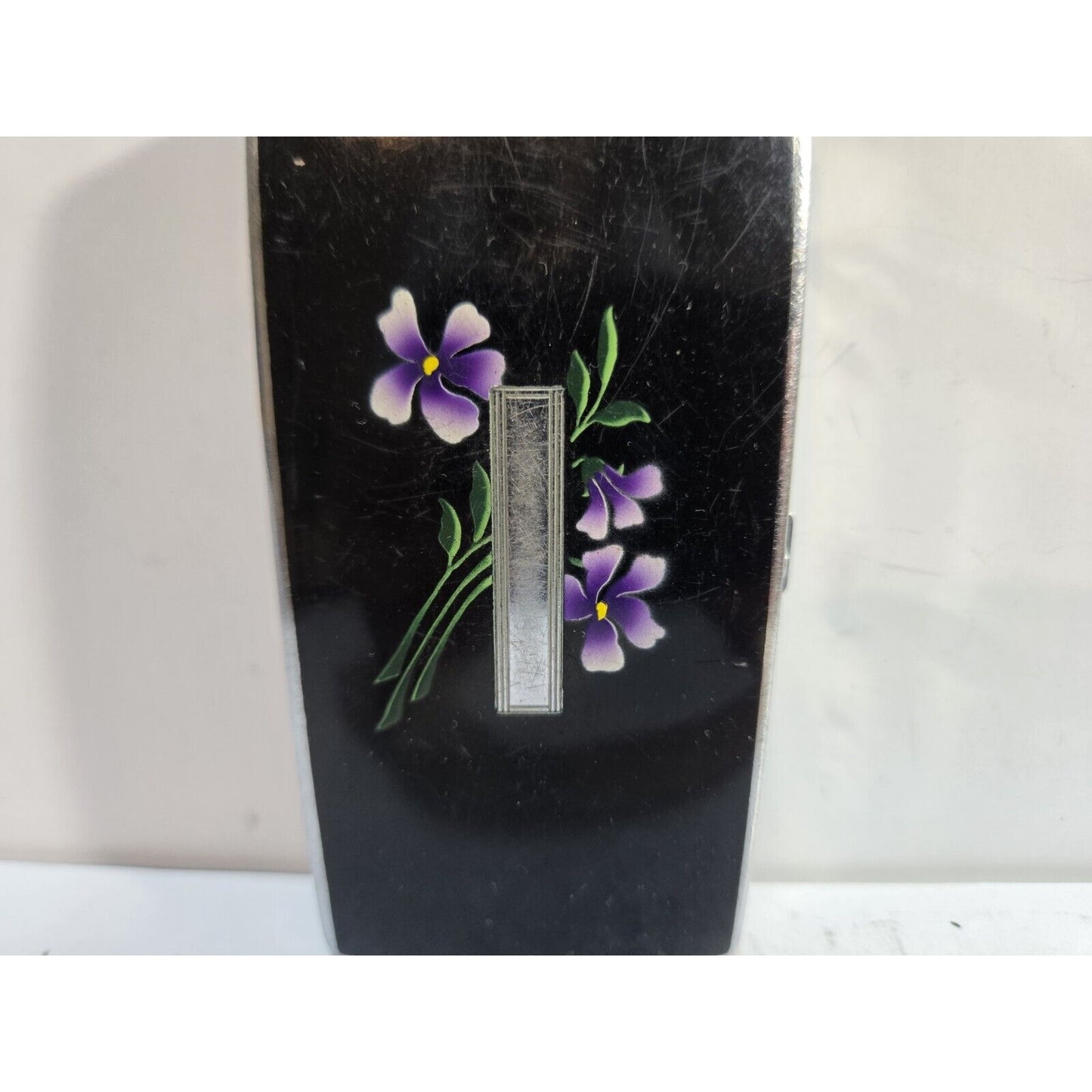 Vintage Ronson Pal Cigarette Case LIGHTER Black Violet Flower 6816/14