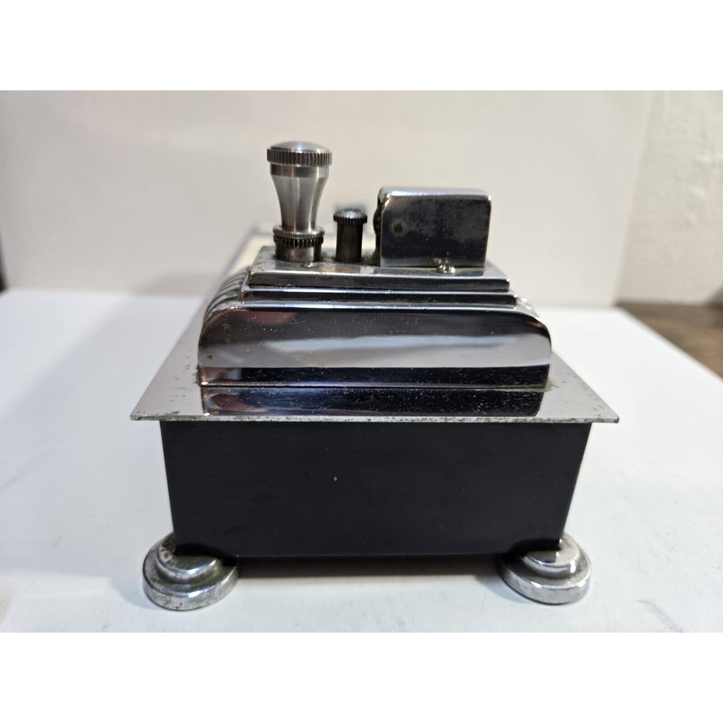 Vintage Working Ronson Chrome Black Enamel Touch Tip Lighter & Cigarette Box