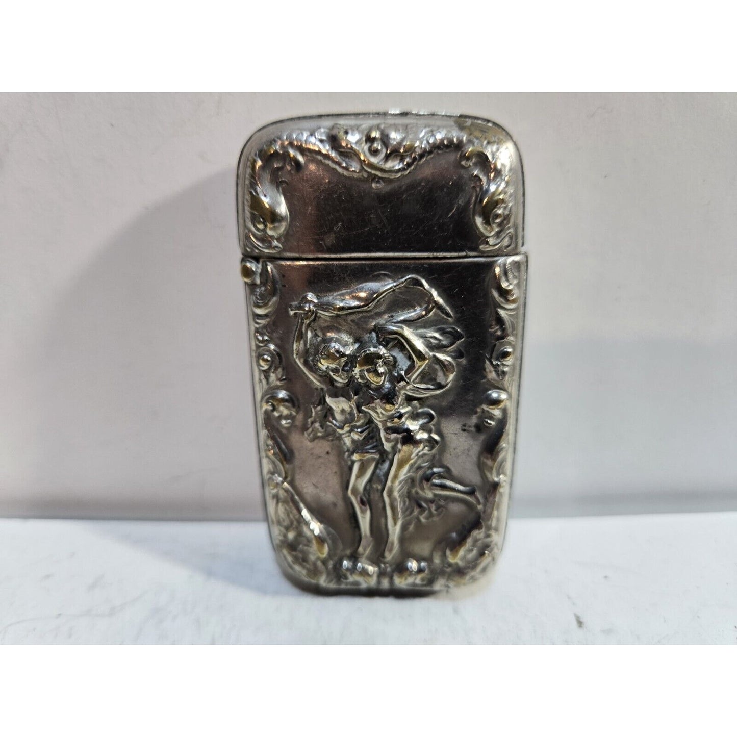 Vintage Silverplate Art Nouveau Dancing Nude Women Match Case Safe Vesta Nymph