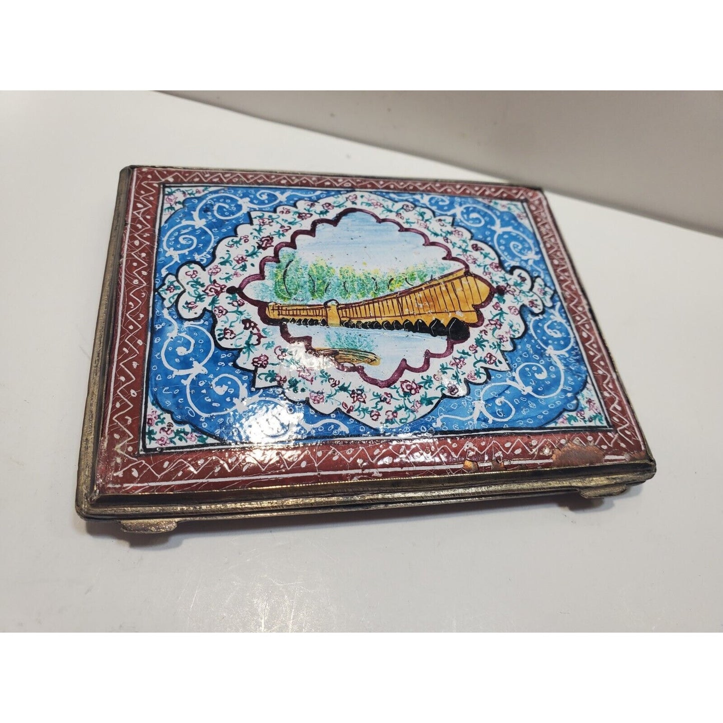 Antique Persian Enamel & Silver Tone Cigarette Case / 3 1/4 x 2 3/4" 6700/21