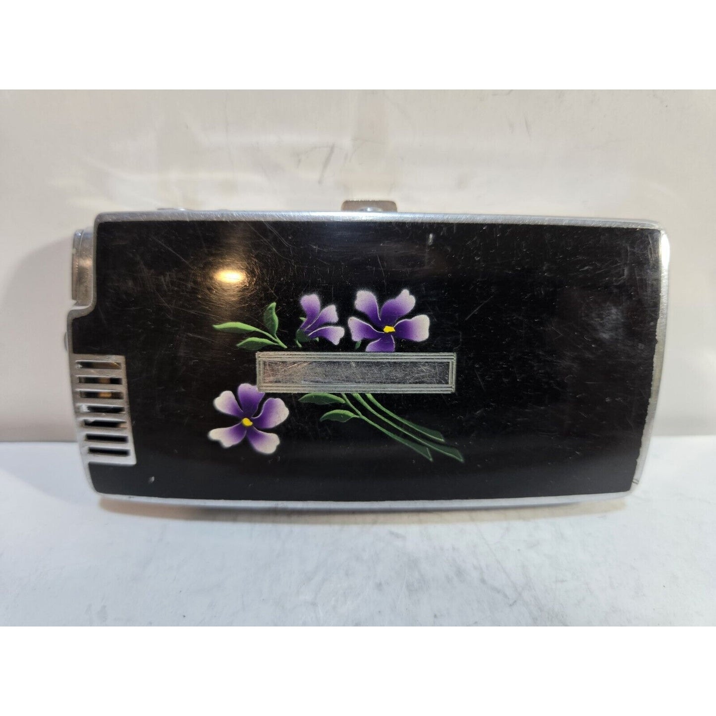 Vintage Ronson Pal Cigarette Case LIGHTER Black Violet Flower 6816/14