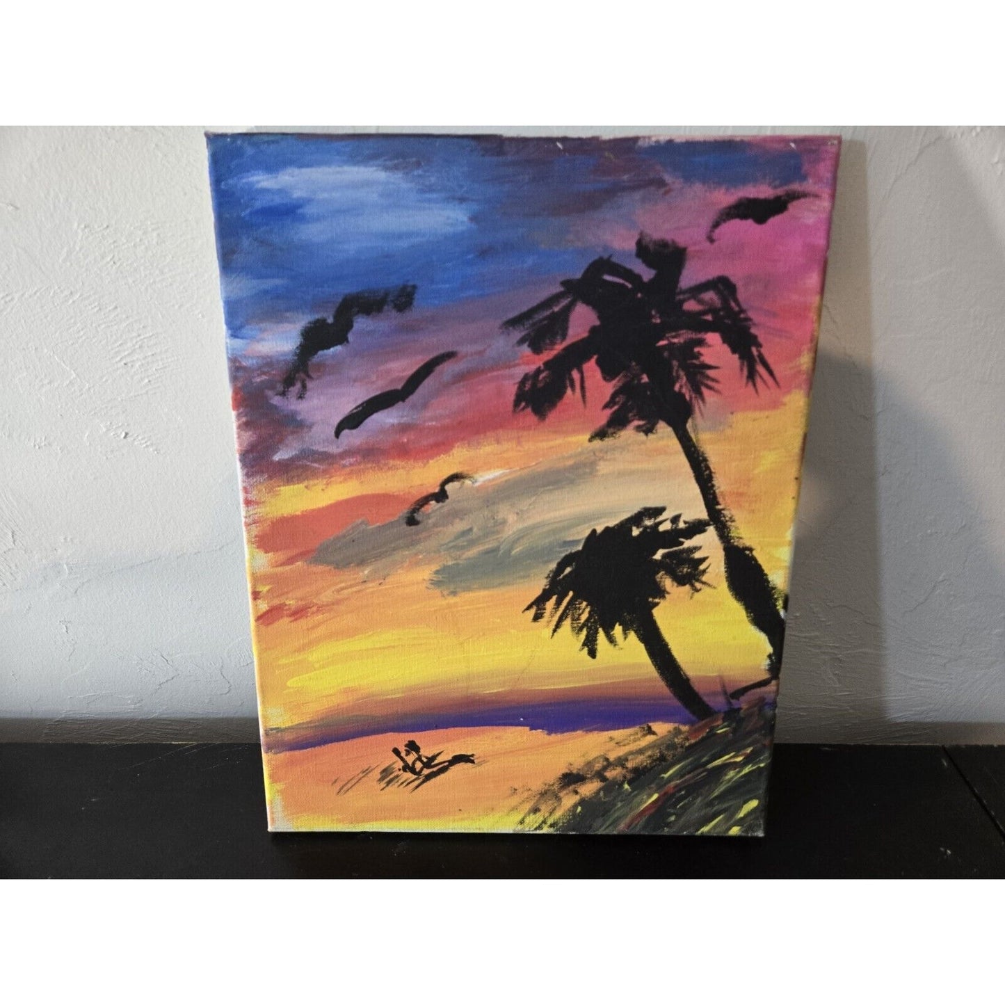 Tropical Palm Trees Sunset Beach Oil Painting Canvas Wall Art, Sighed 11 x 14"