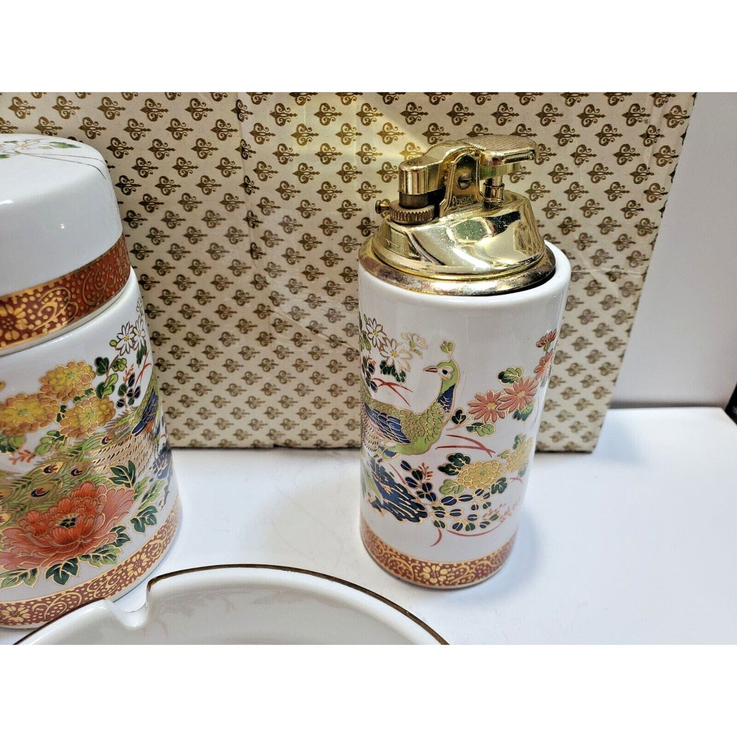 FINE CHINA SMOKING SET ASHTRAY, Cigarette CASE, Working LIGHTER Orig Box 6566/48