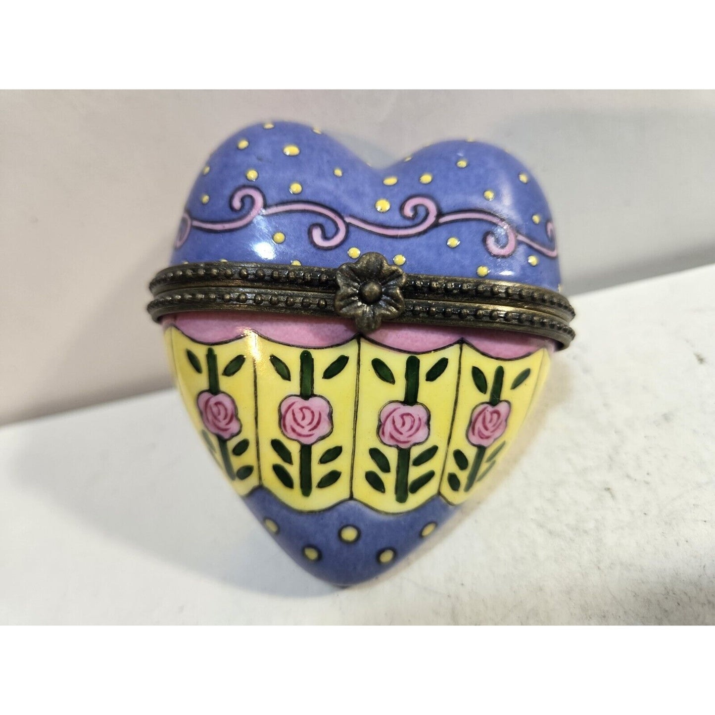 Porcelain Rose Pattern Heart Shaped Hinged Lid Trinket Box Pink Blue