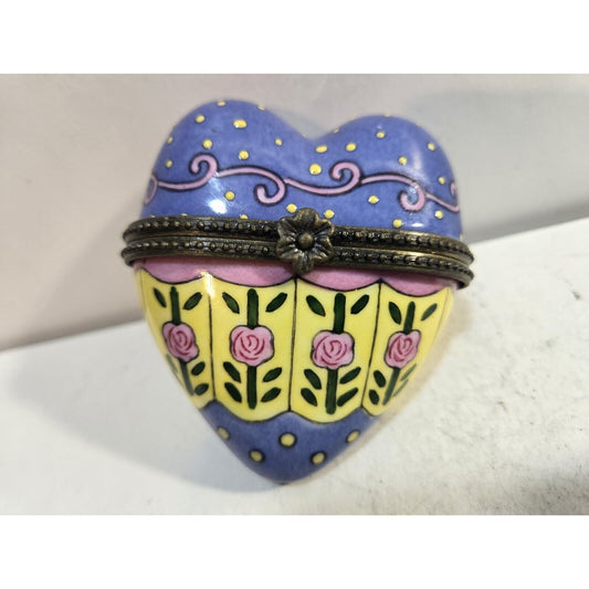 Porcelain Rose Pattern Heart Shaped Hinged Lid Trinket Box Pink Blue