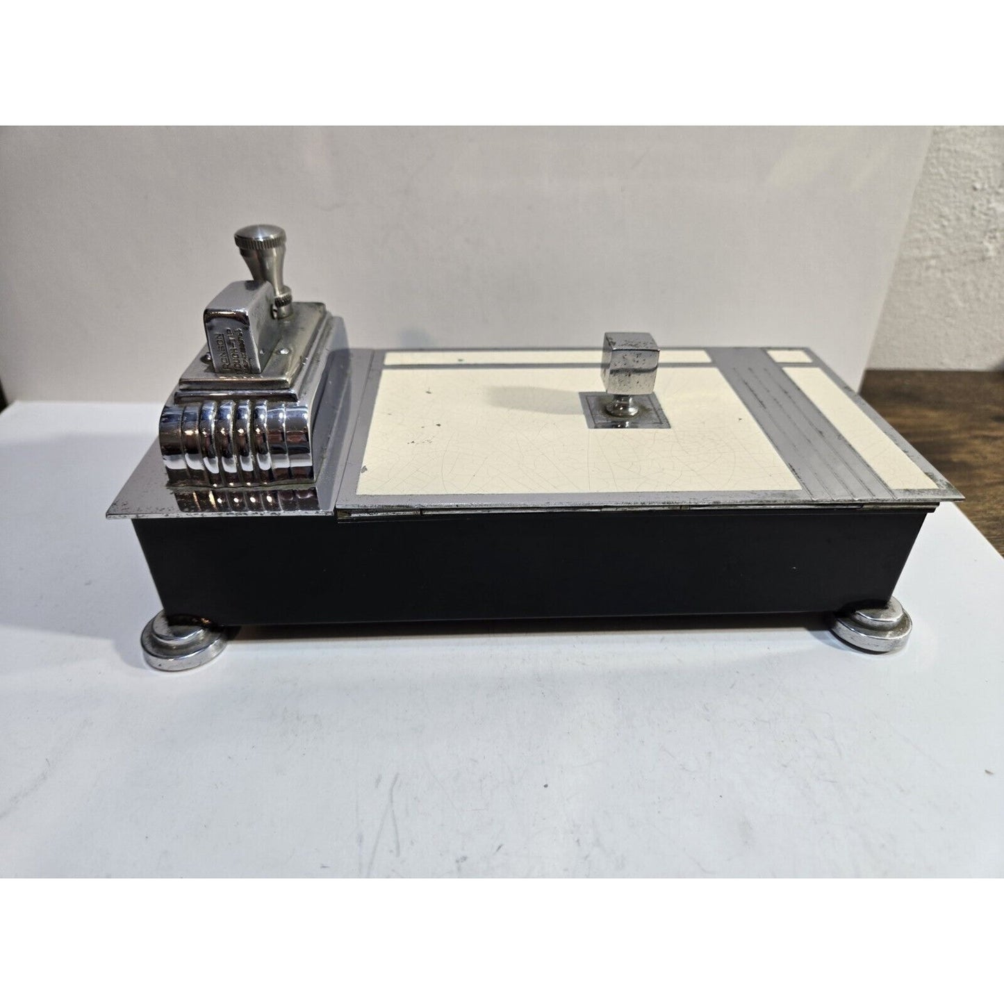 Vintage Working Ronson Chrome Black Enamel Touch Tip Lighter & Cigarette Box