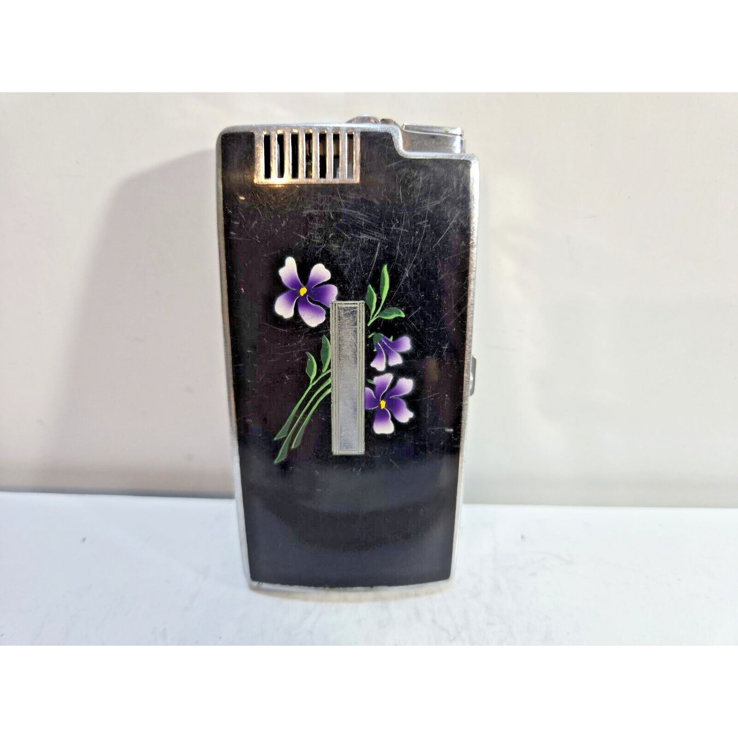Vintage Ronson Pal Cigarette Case LIGHTER Black Violet Flower 6816/14