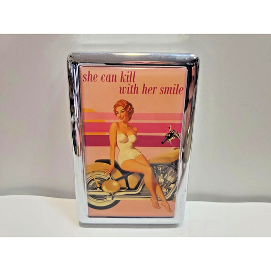 Pin Up Girl 100's Size Cigarette Case, She Can Kill With Her Smile 3x4" 6547/19