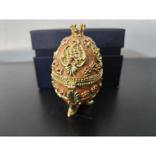 Easter Faberge Egg Trinket Box Hand-Painted Crystal Hinged Jewelry, Orig Box