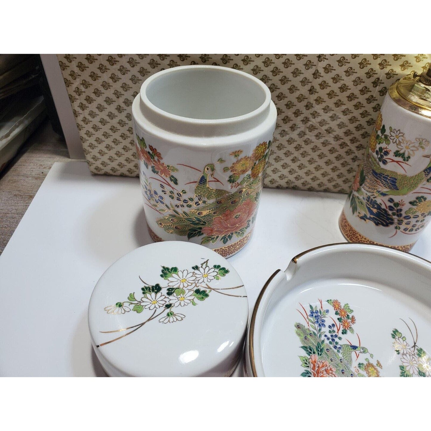 FINE CHINA SMOKING SET ASHTRAY, Cigarette CASE, Working LIGHTER Orig Box 6566/48