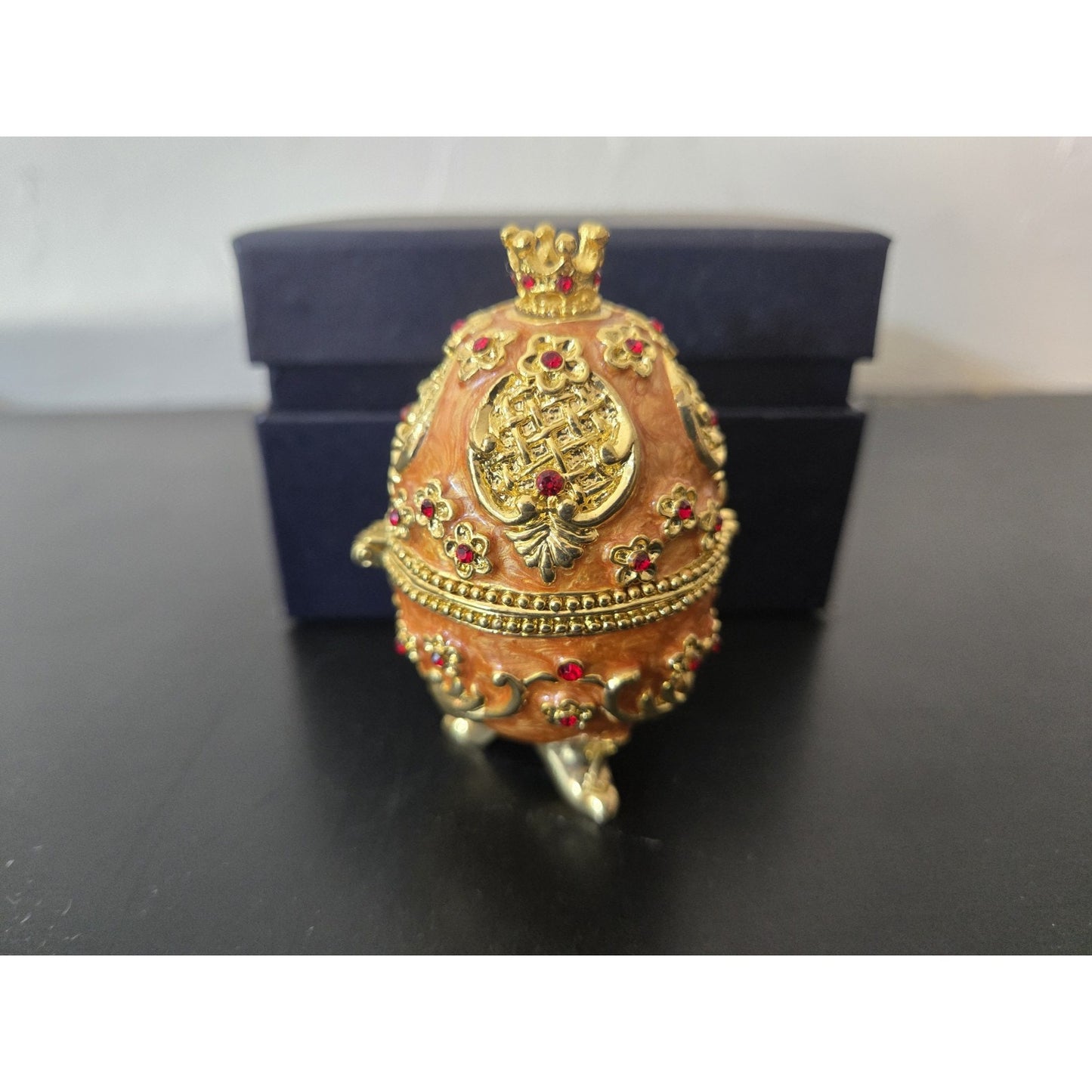 Easter Faberge Egg Trinket Box Hand-Painted Crystal Hinged Jewelry, Orig Box