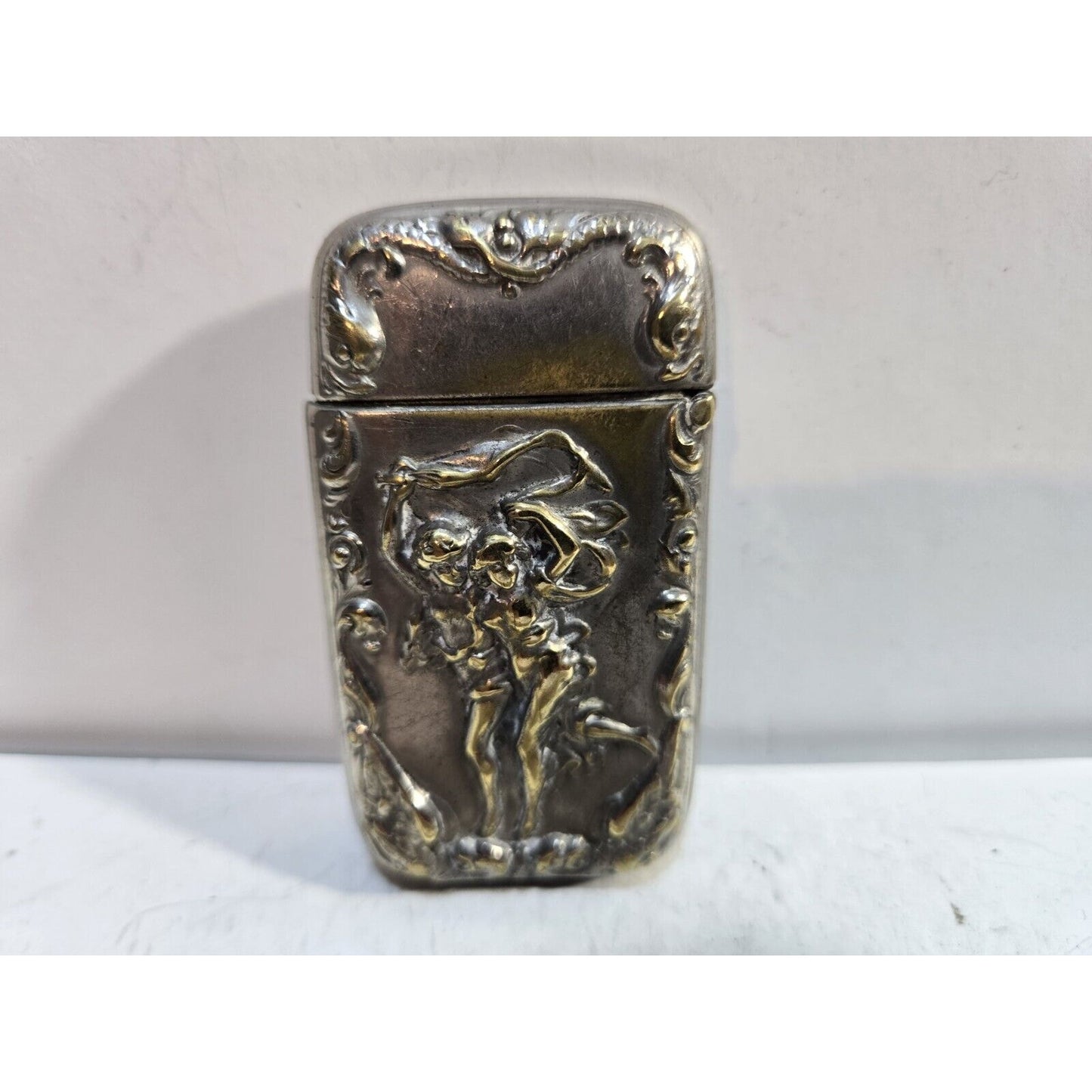 Vintage Silverplate Art Nouveau Dancing Nude Women Match Case Safe Vesta Nymph