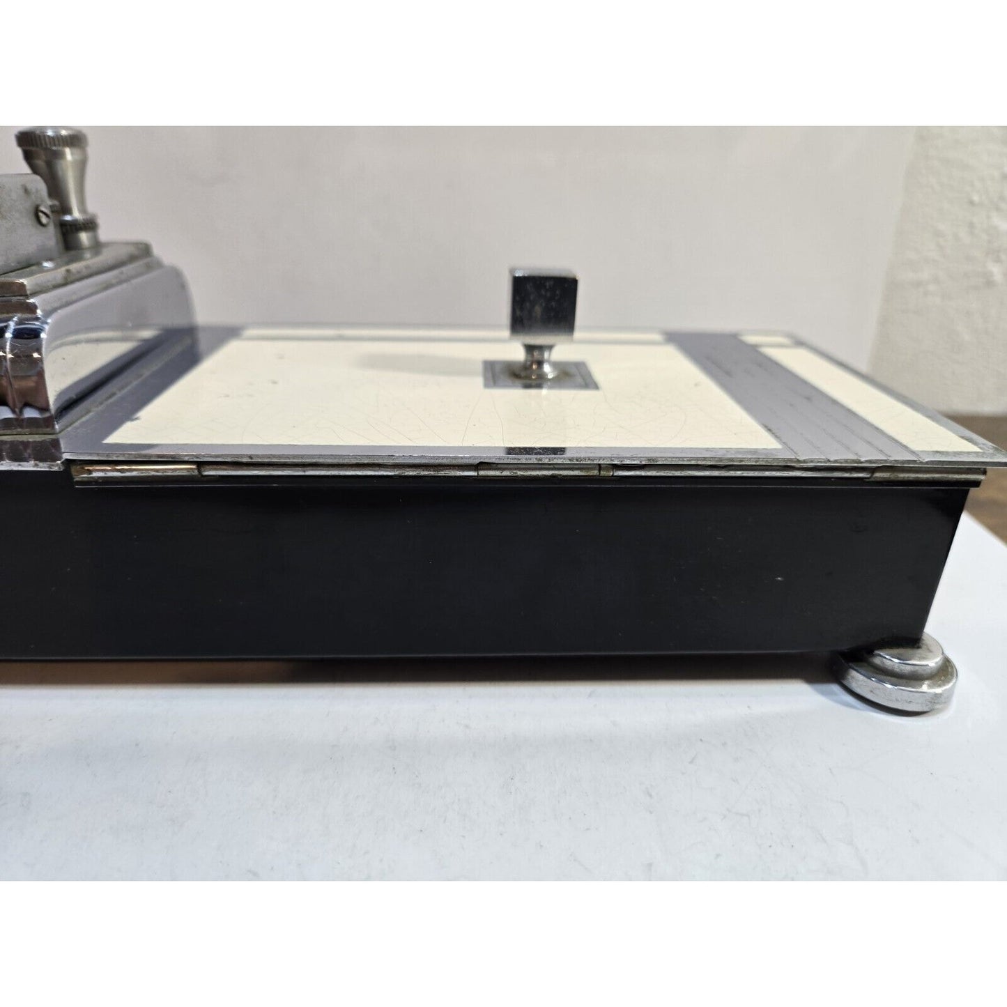 Vintage Working Ronson Chrome Black Enamel Touch Tip Lighter & Cigarette Box