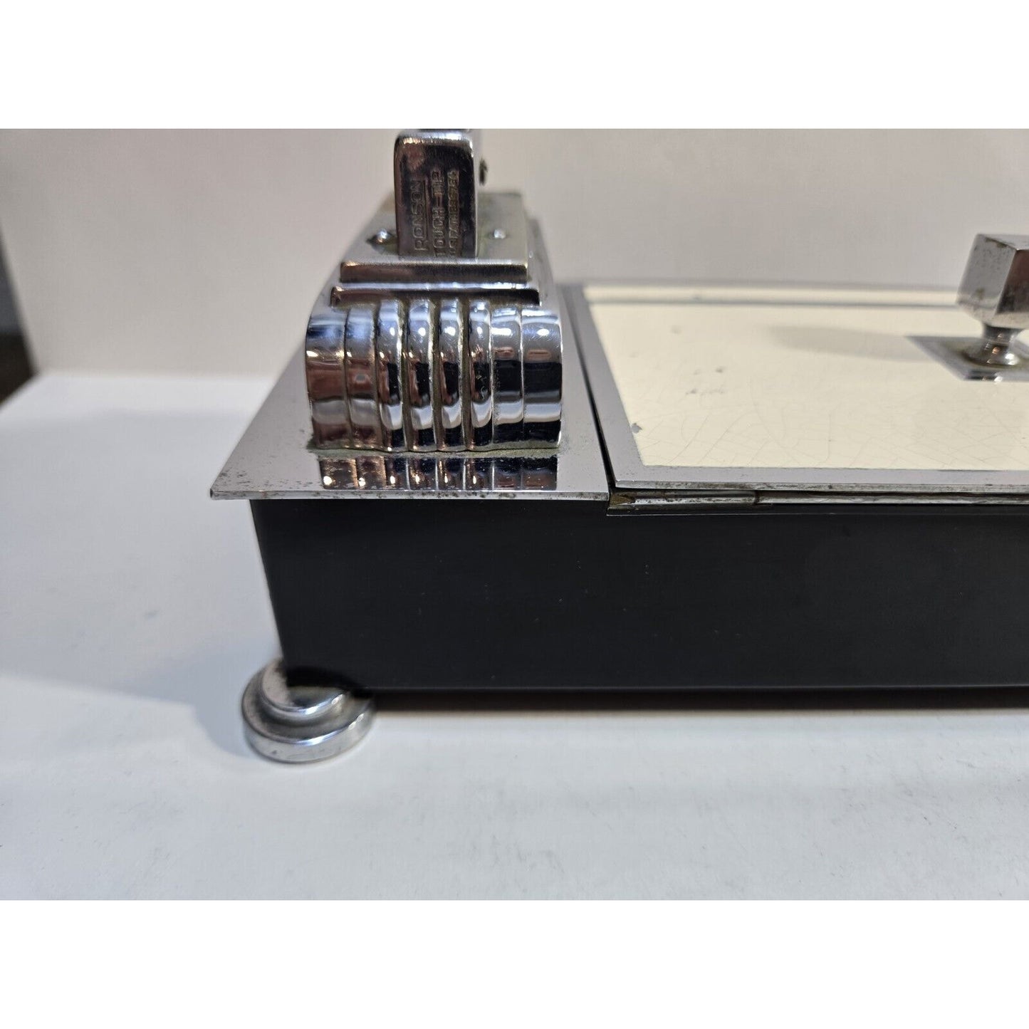 Vintage Working Ronson Chrome Black Enamel Touch Tip Lighter & Cigarette Box