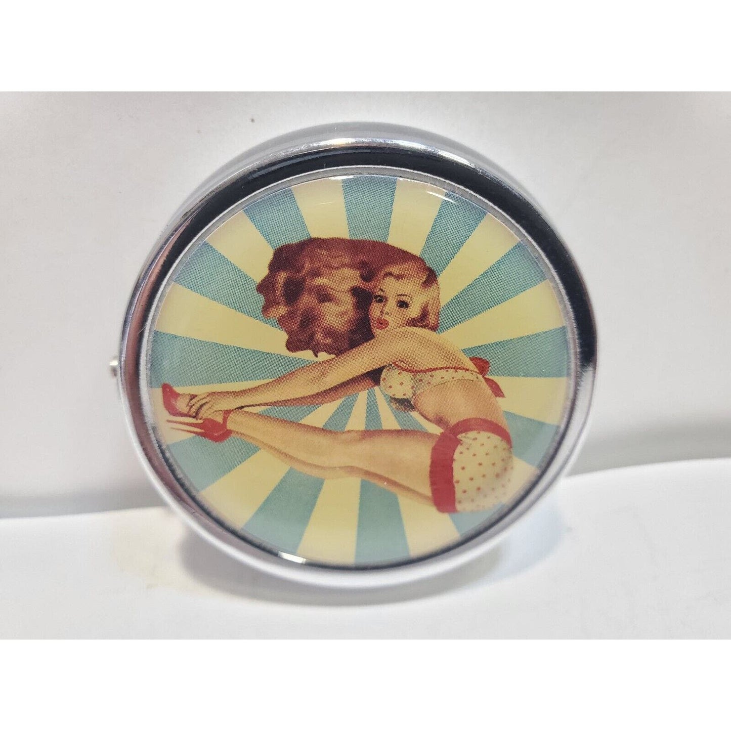 Vintage Pinup Girl Pill Mirror Case Risque 1 3/4" 6551/3