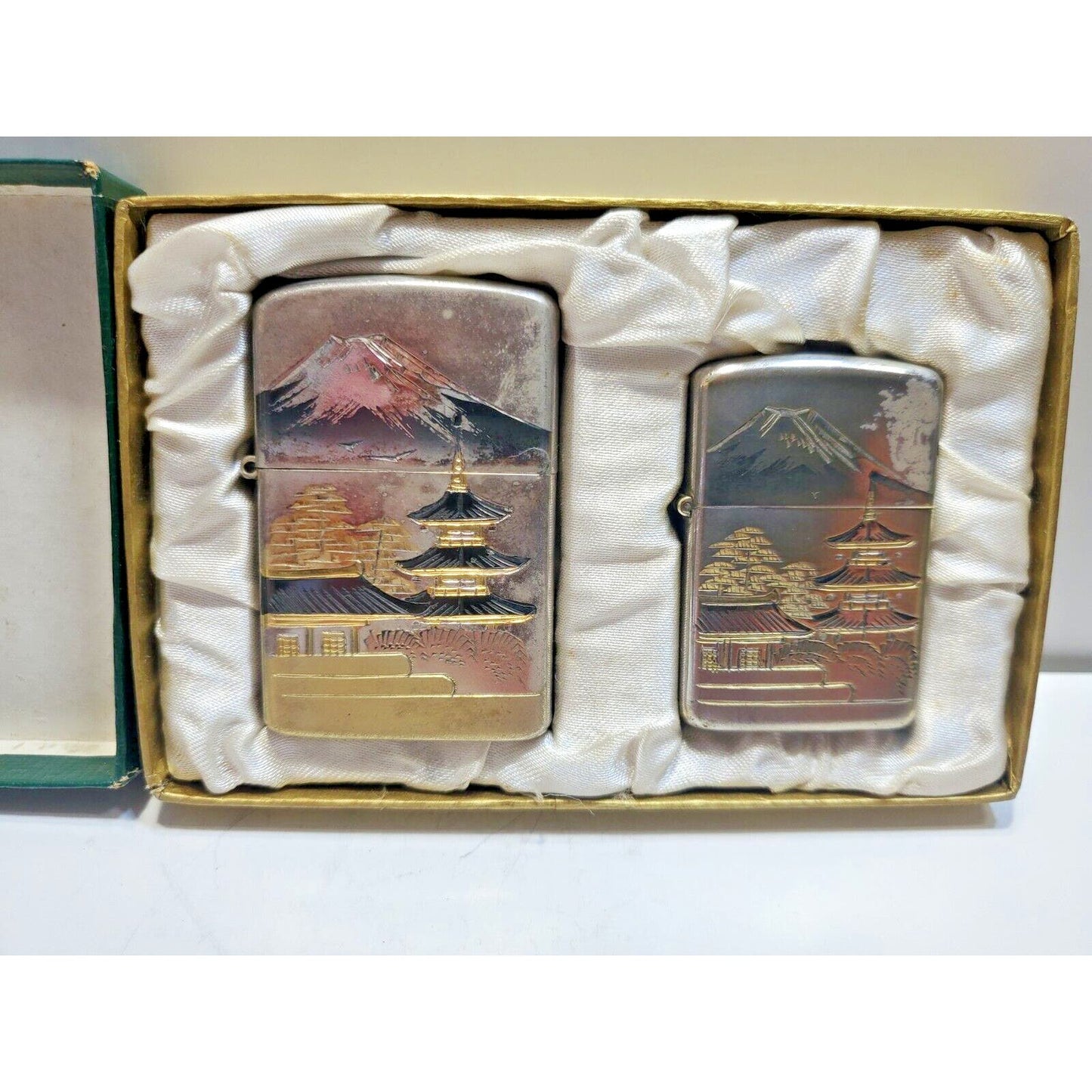 Set of 2 Working Vintage Japanese Damascene Mt Fuji Lighters Original Gift Case