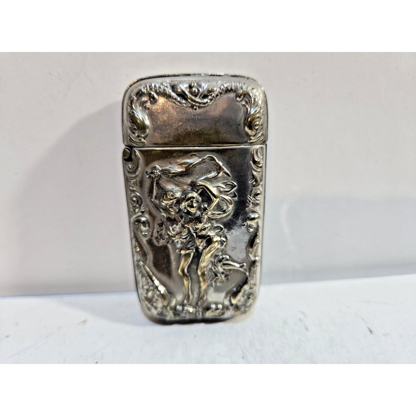 Vintage Silverplate Art Nouveau Dancing Nude Women Match Case Safe Vesta Nymph