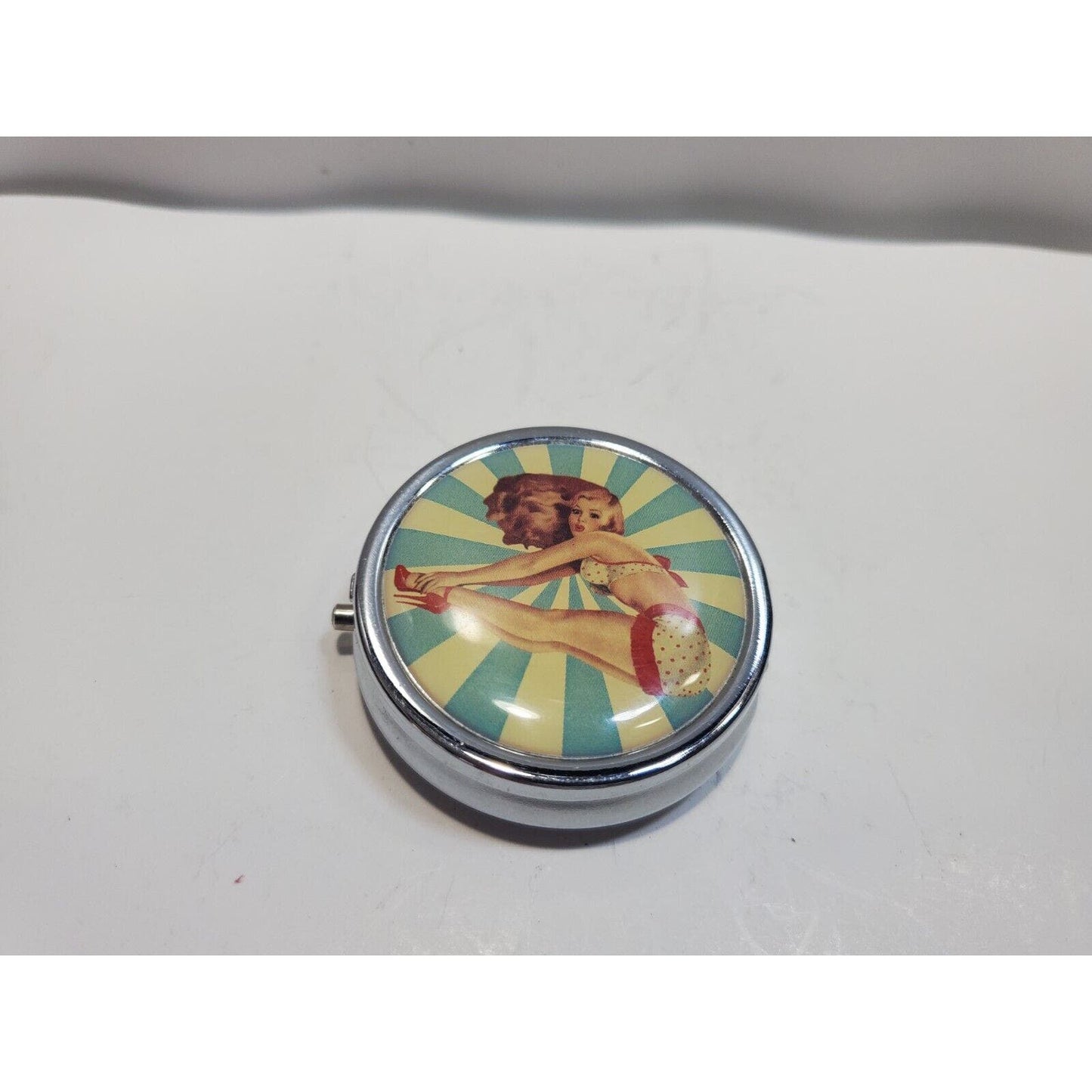 Vintage Pinup Girl Pill Mirror Case Risque 1 3/4" 6551/3