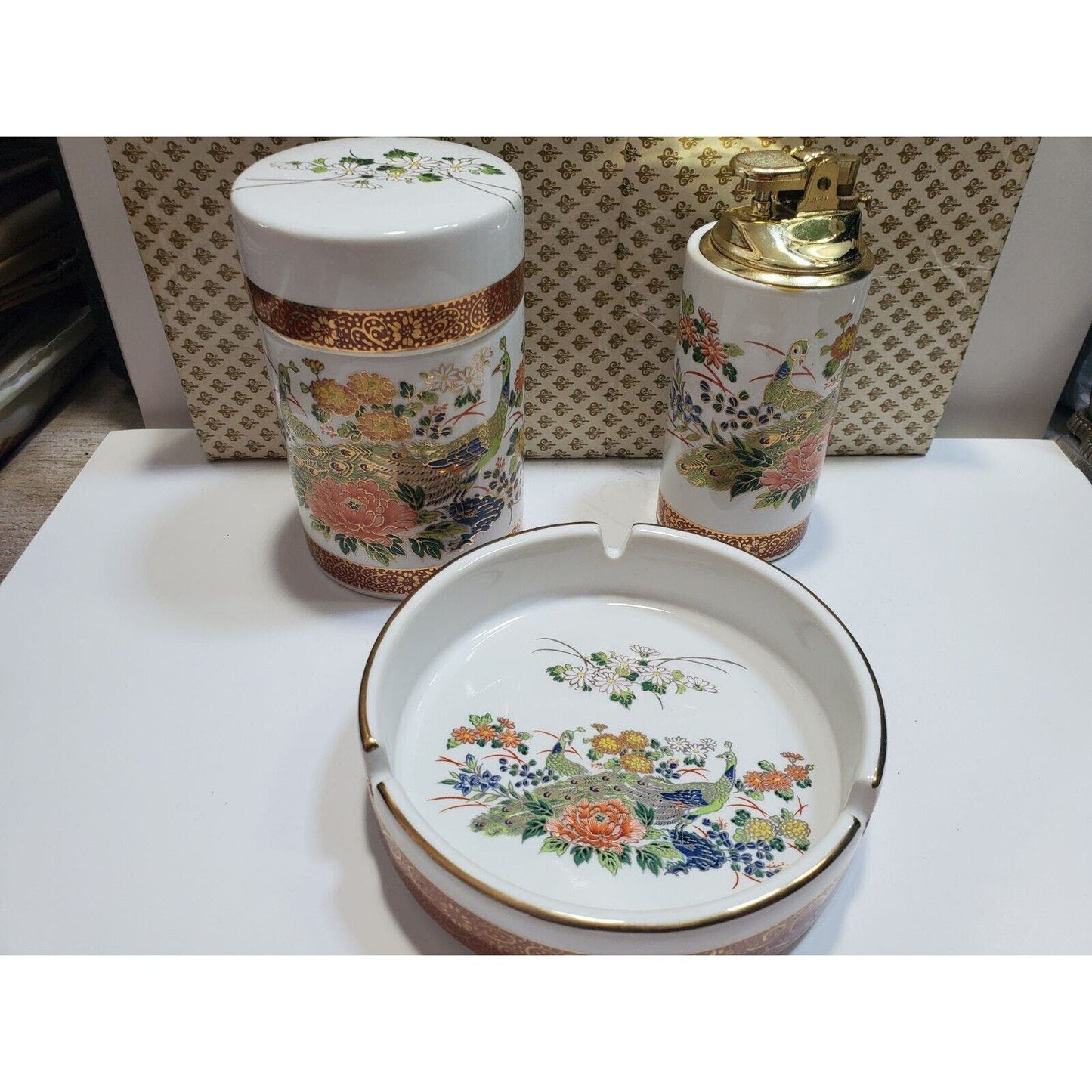 FINE CHINA SMOKING SET ASHTRAY, Cigarette CASE, Working LIGHTER Orig Box 6566/48