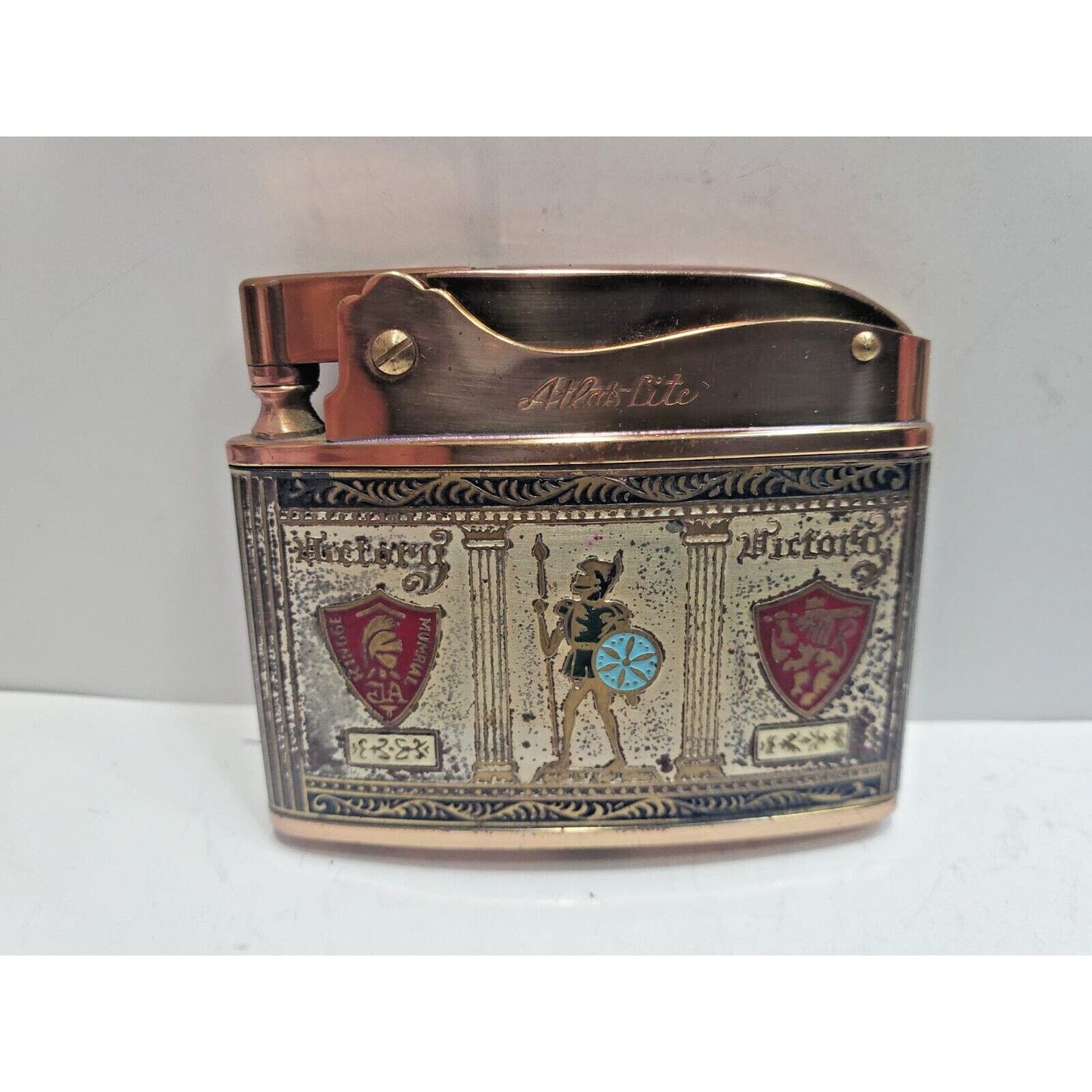 Vintage WORKING Gold & ENAMEL LOGO Atlak Lite SUPER AUTOMATIC LIGHTER 6766/32